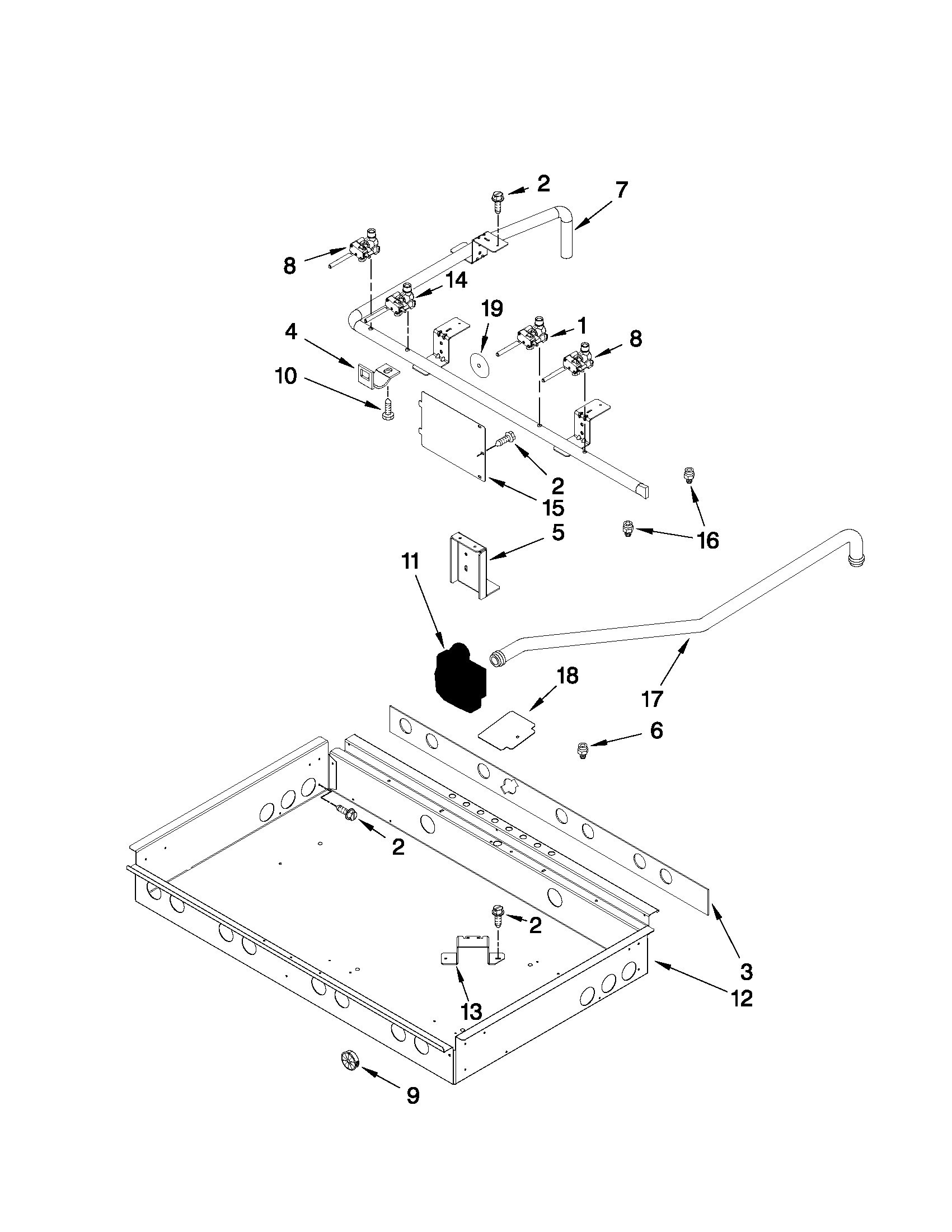 Burner box, gas valves, and switches