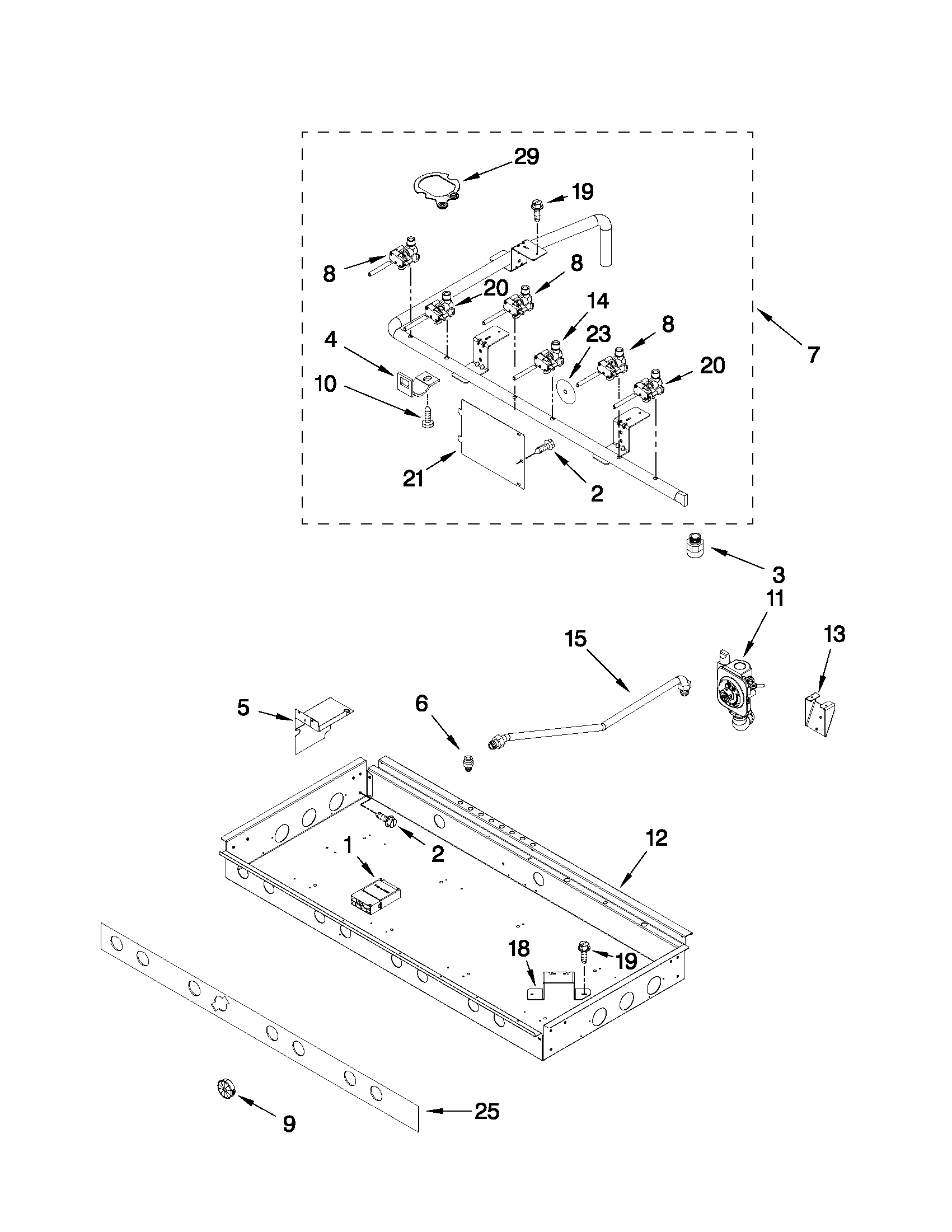 Burner box, gas valves, and switches