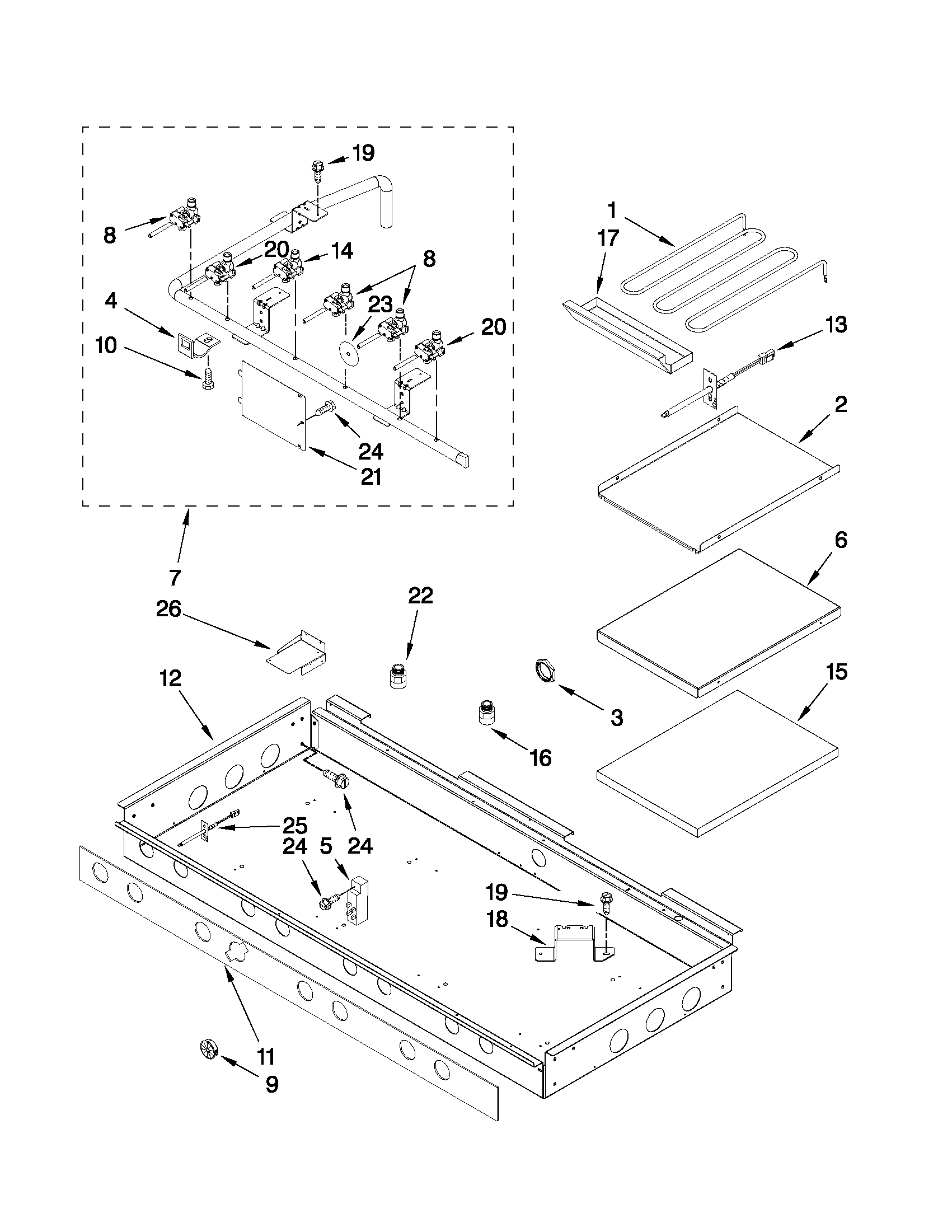 BURNER BOX, GAS VALVES, AND SWITCHES