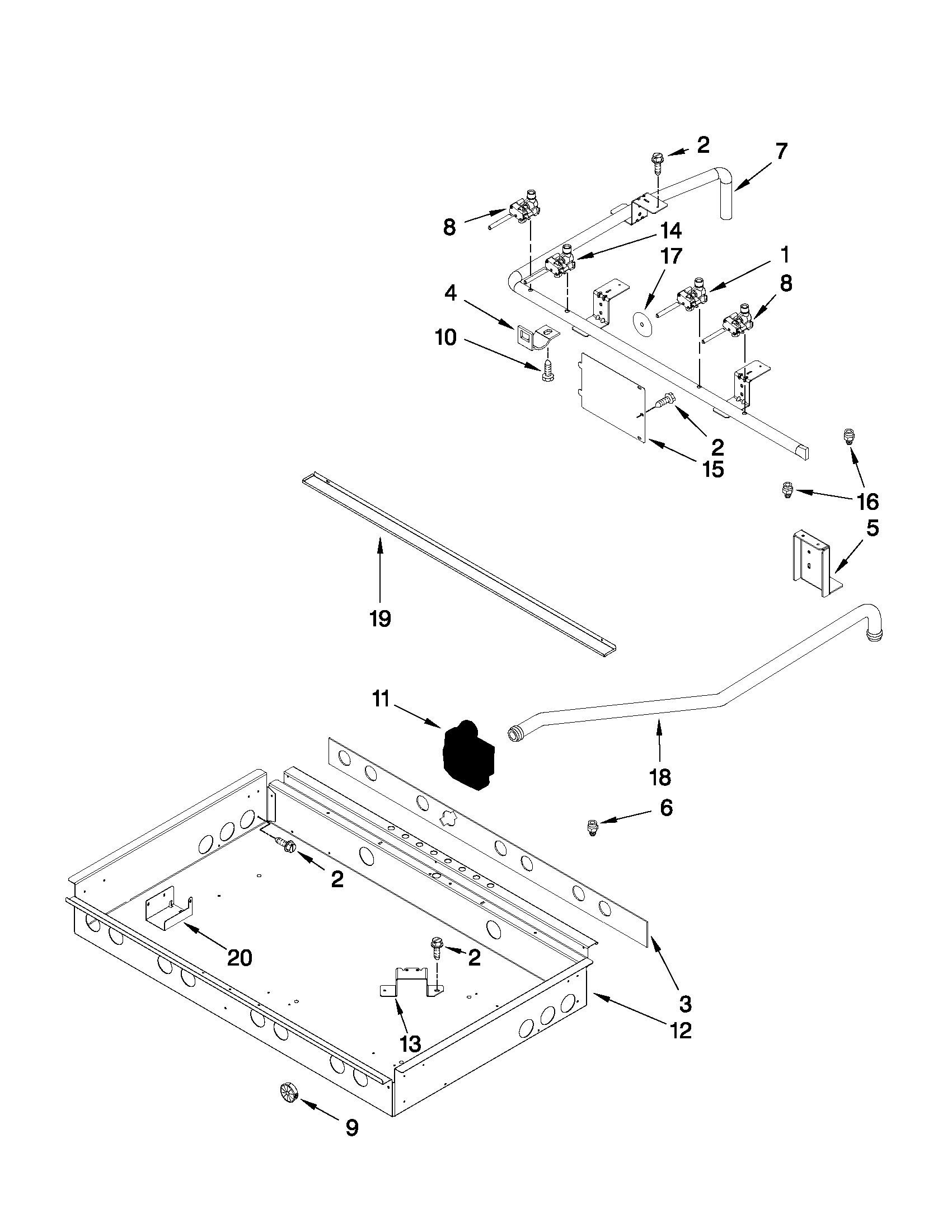 Burner box, gas valves, and switches