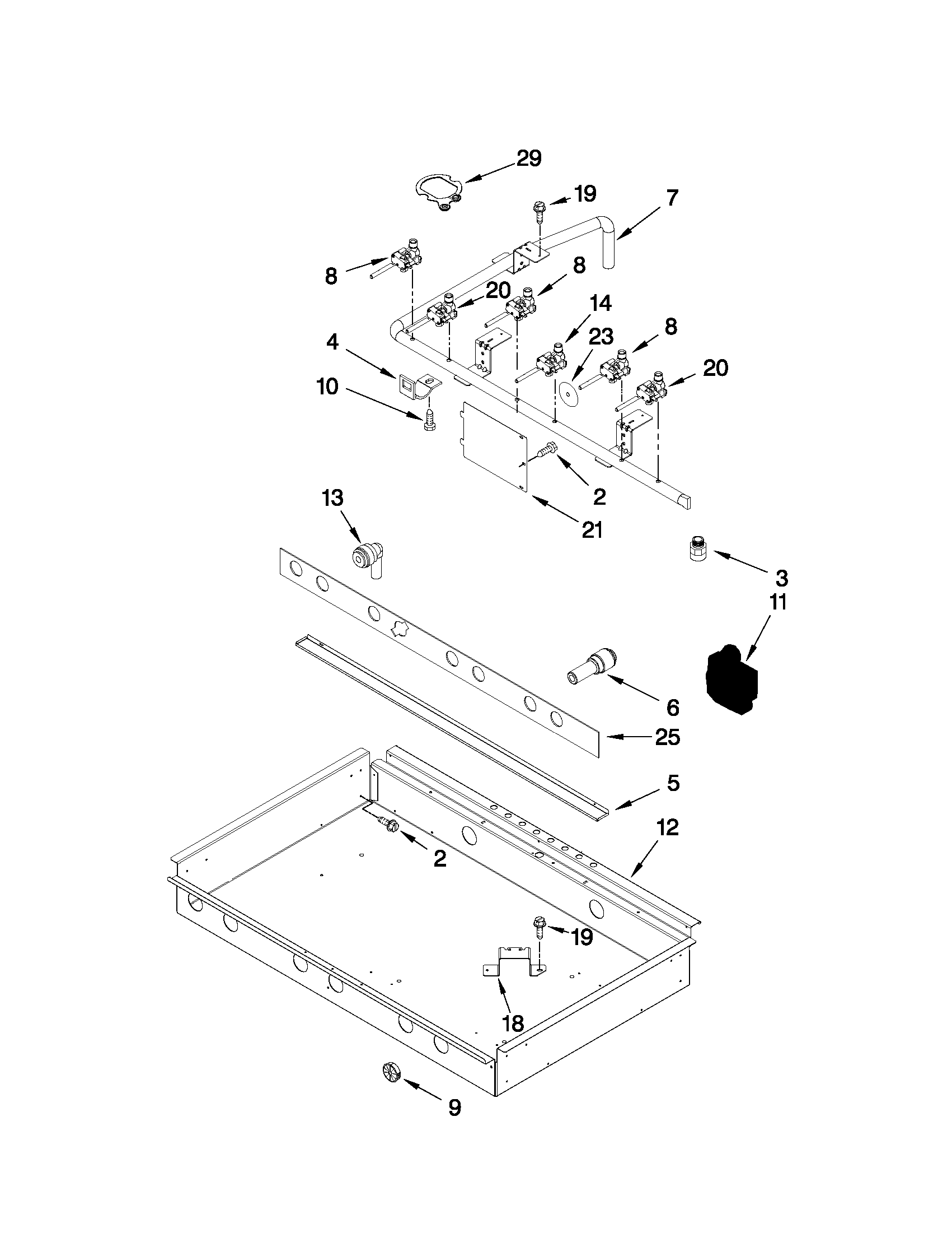 Burner box, gas valves, and switches