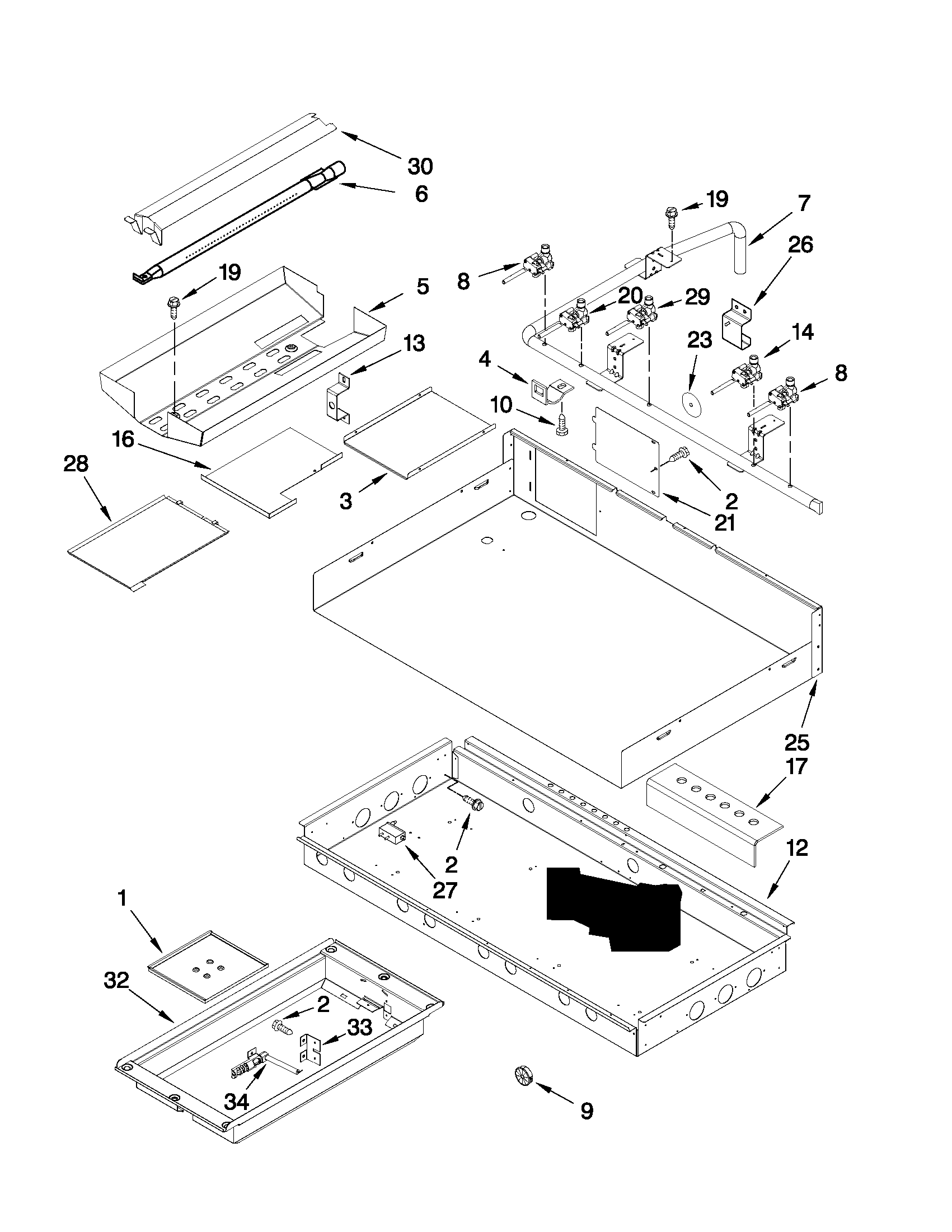 Burner box, gas valves, and switches