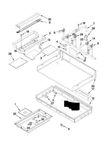 Burner box, gas valves, and switches