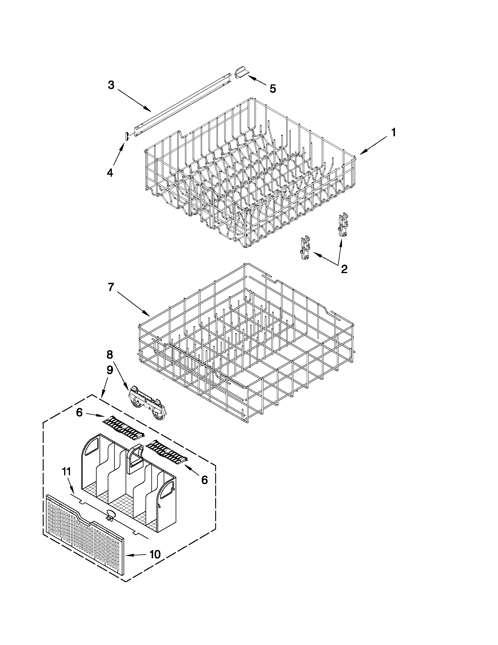 Upper and lower rack and track parts