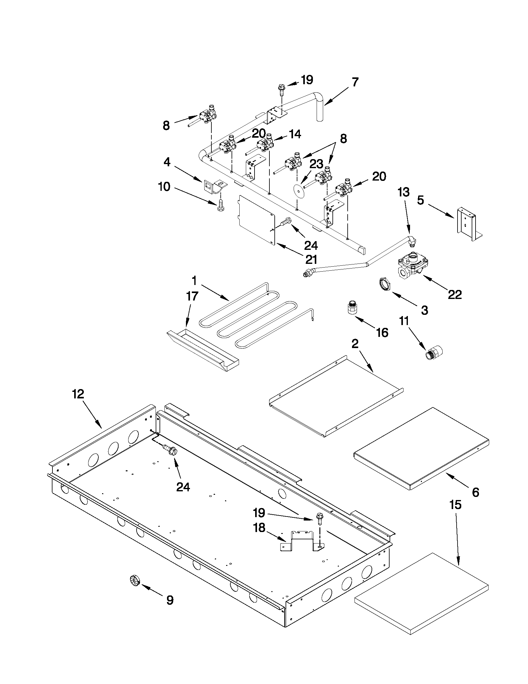 BURNER BOX, GAS VALVES, AND SWITCHES