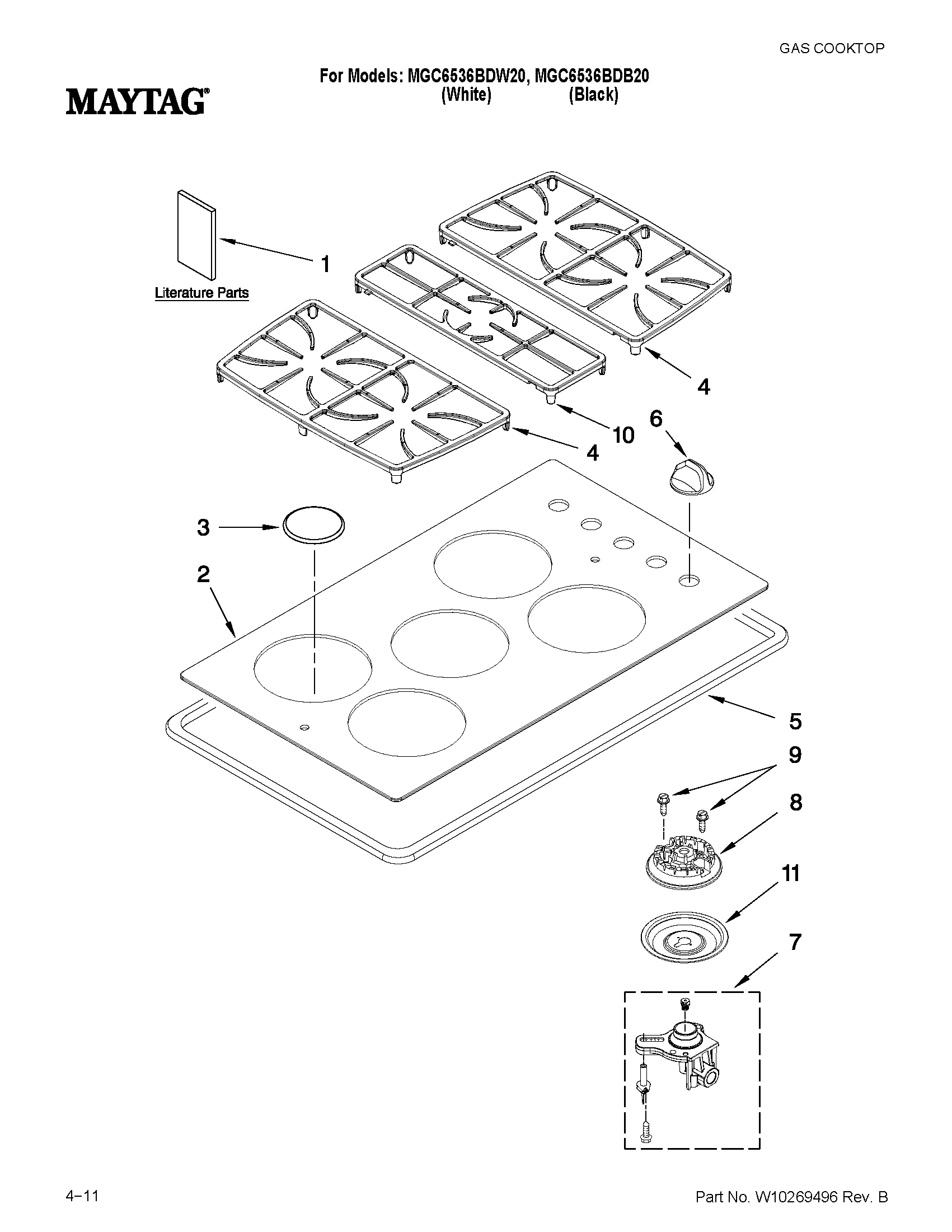 Cooktop, burner and grate parts