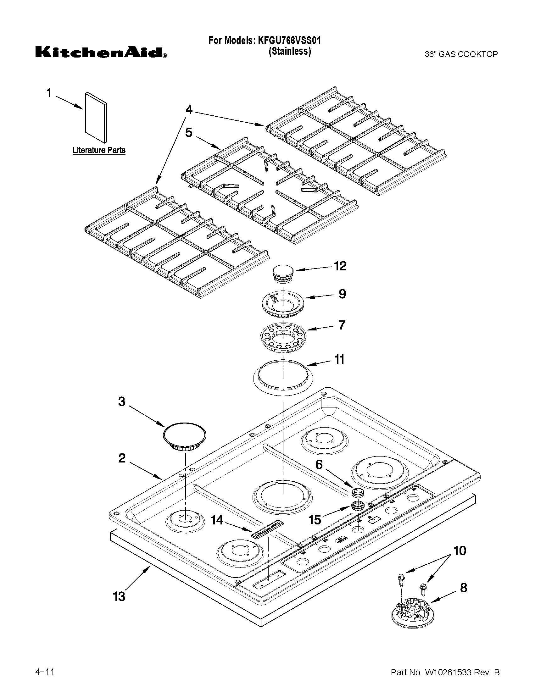 Cooktop, burner and grate parts