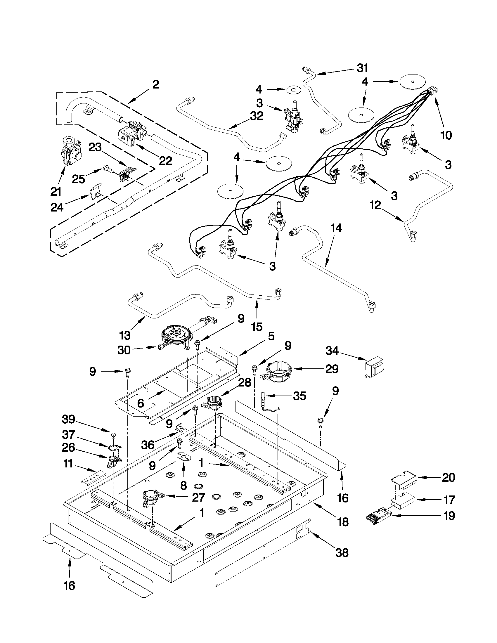 Burner box, gas valves, and switches