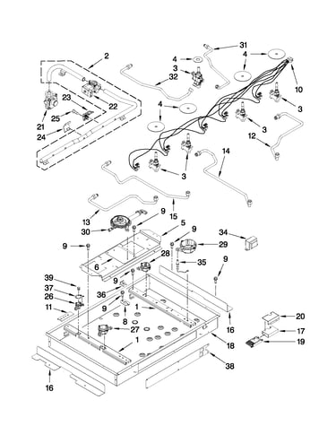 Burner box, gas valves, and switches