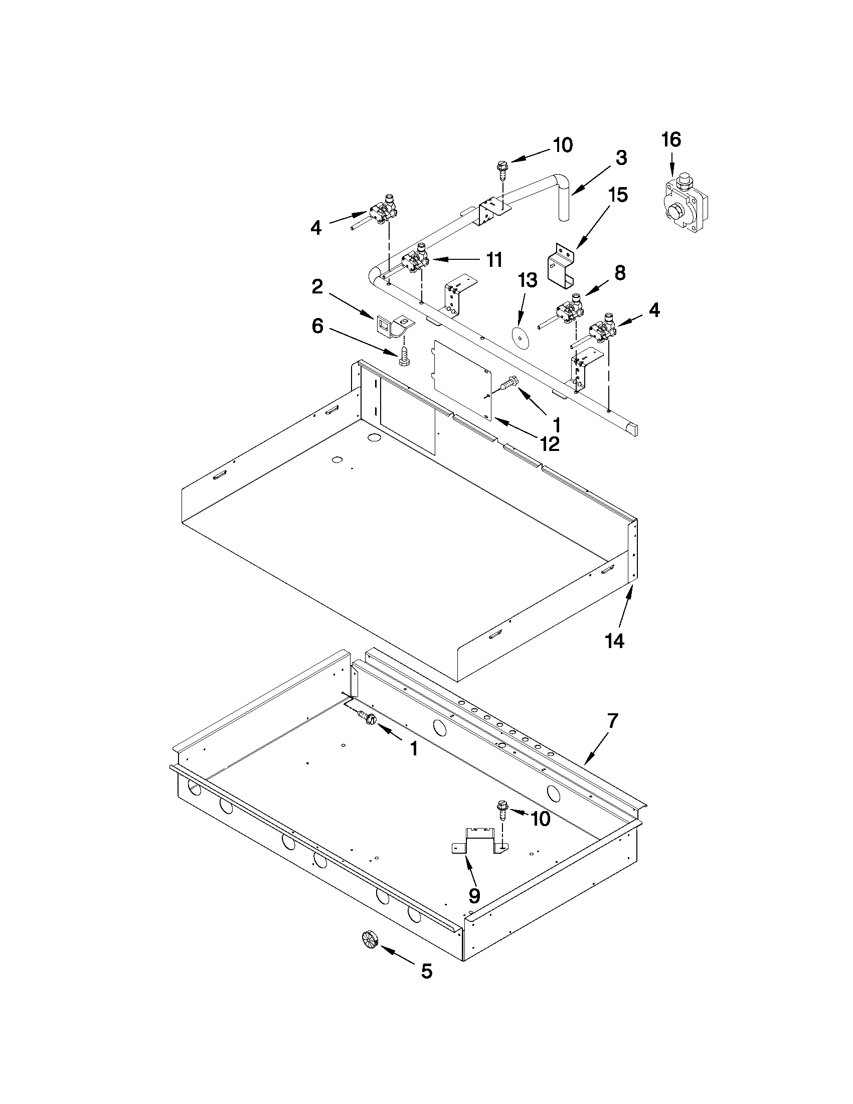 Burner box, gas valves, and switches