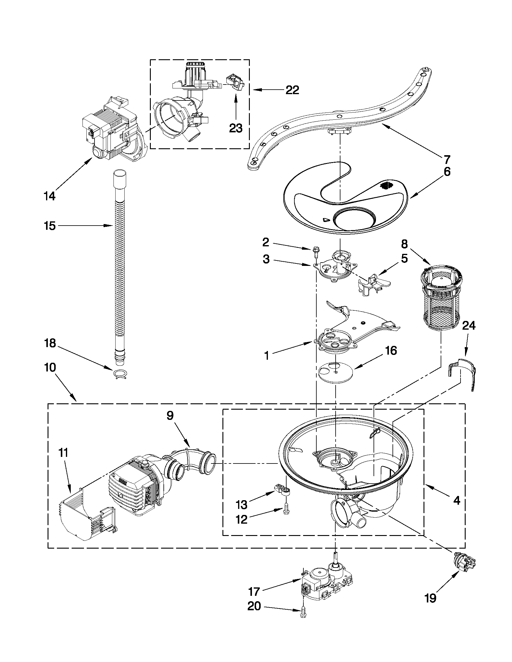 Pump, washarm and motor parts