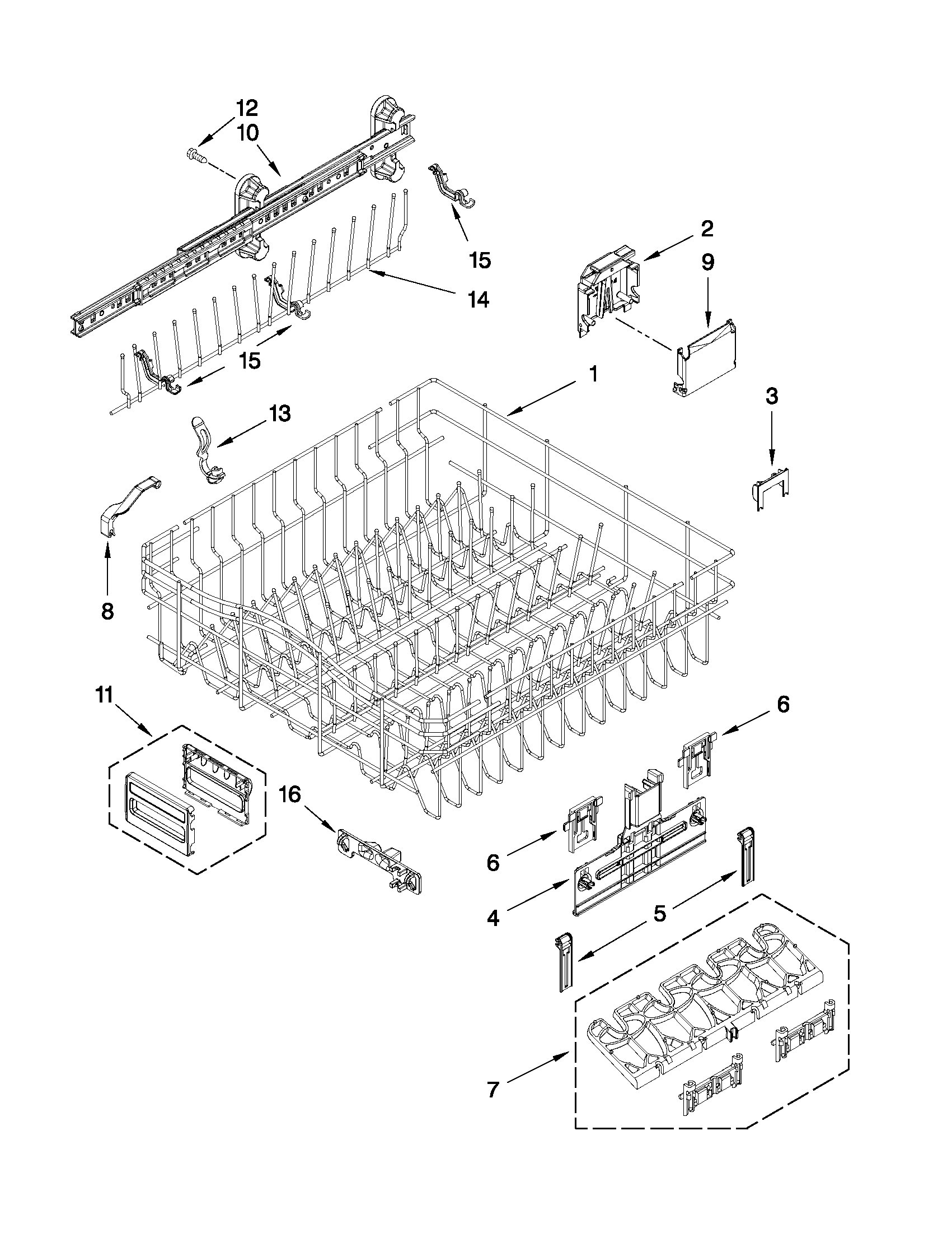 Upper rack and track parts
