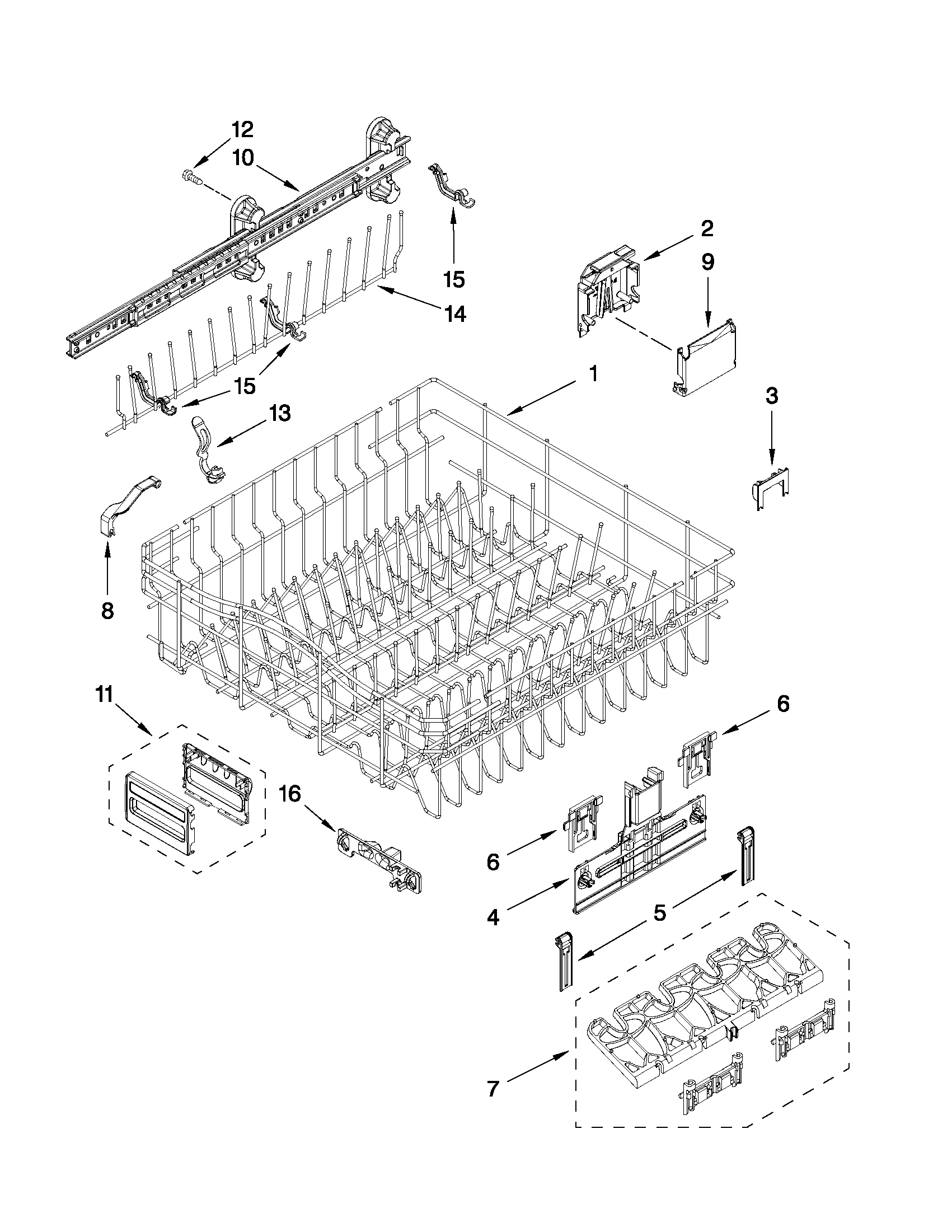 Upper rack and track parts