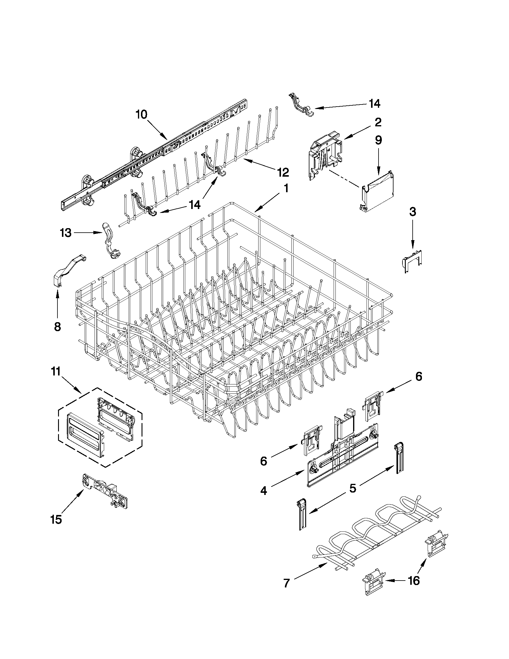 Upper rack and track parts