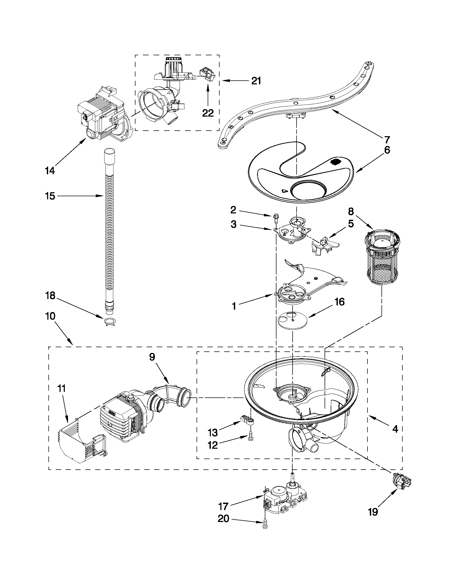 Pump, washarm and motor parts