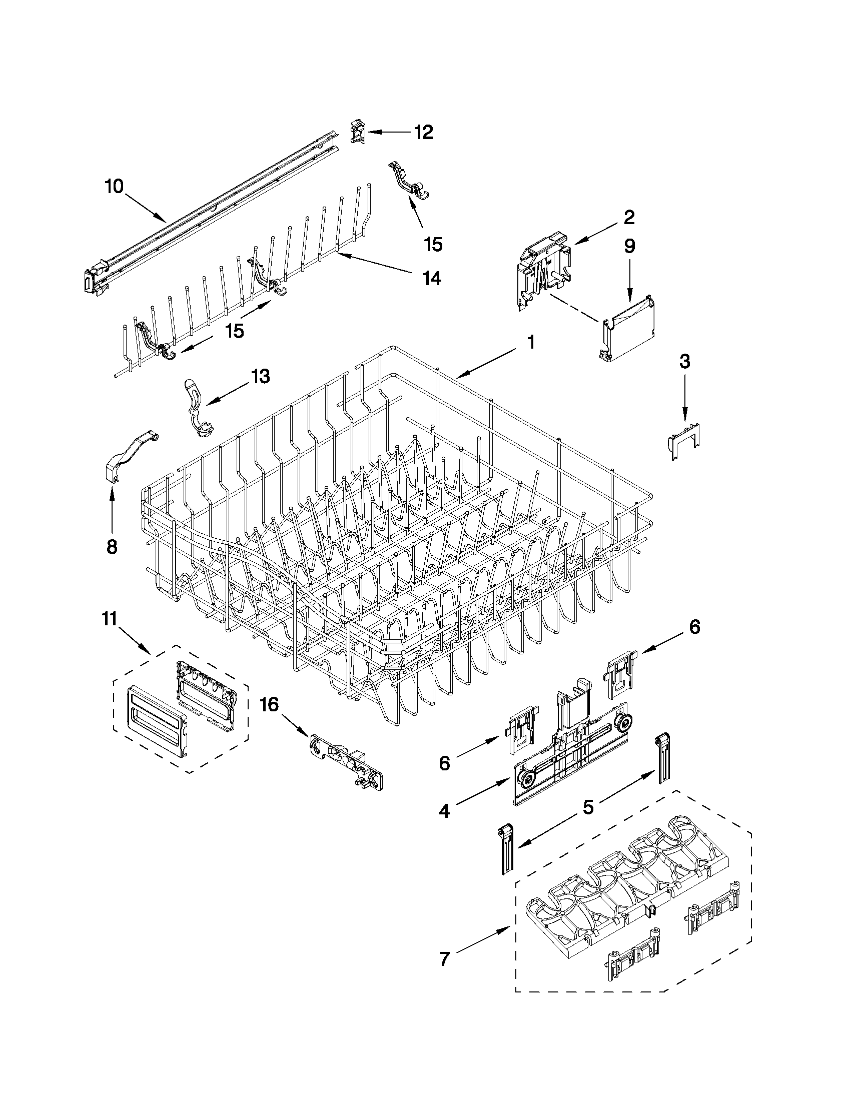 Upper rack and track parts