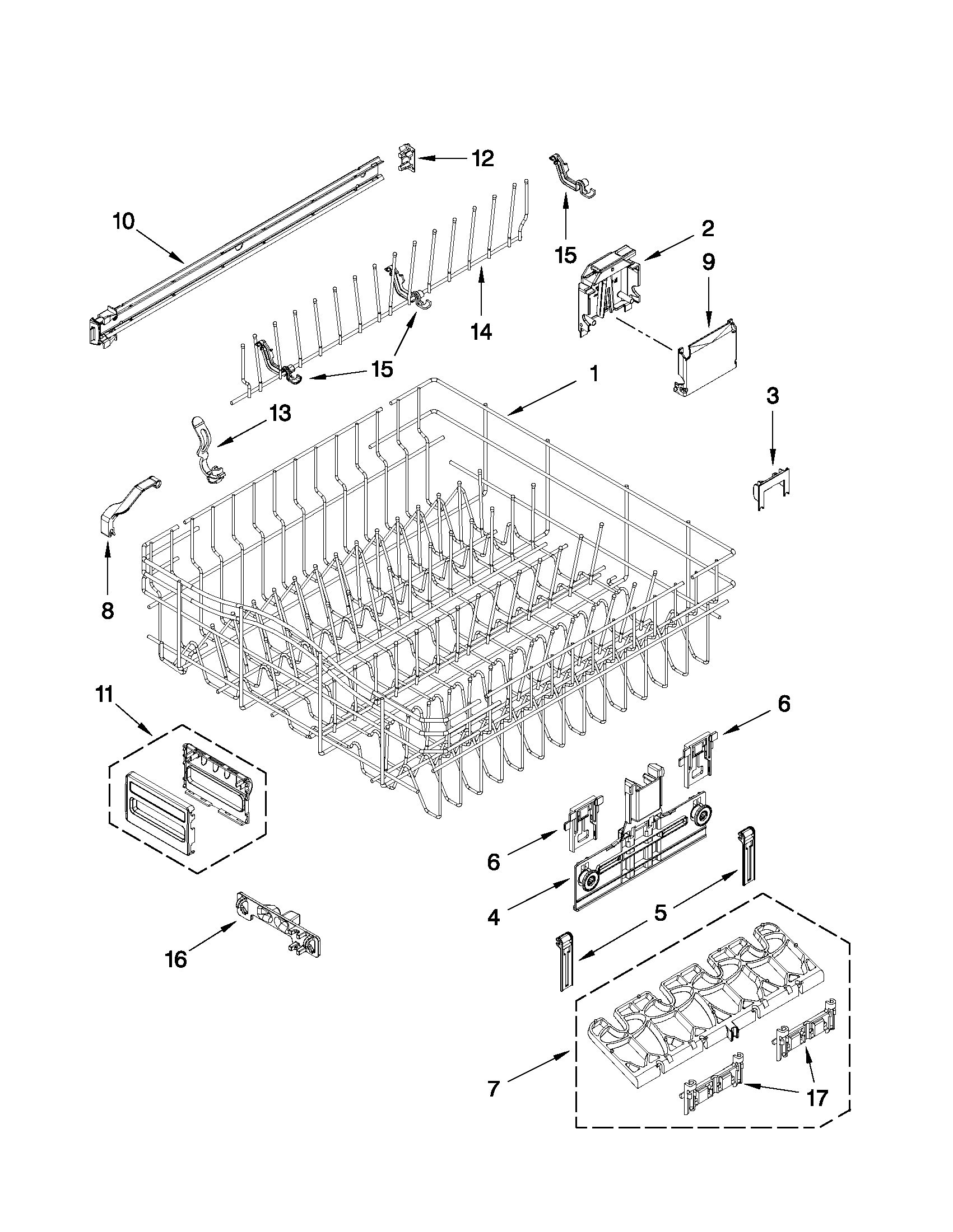 Upper rack and track parts