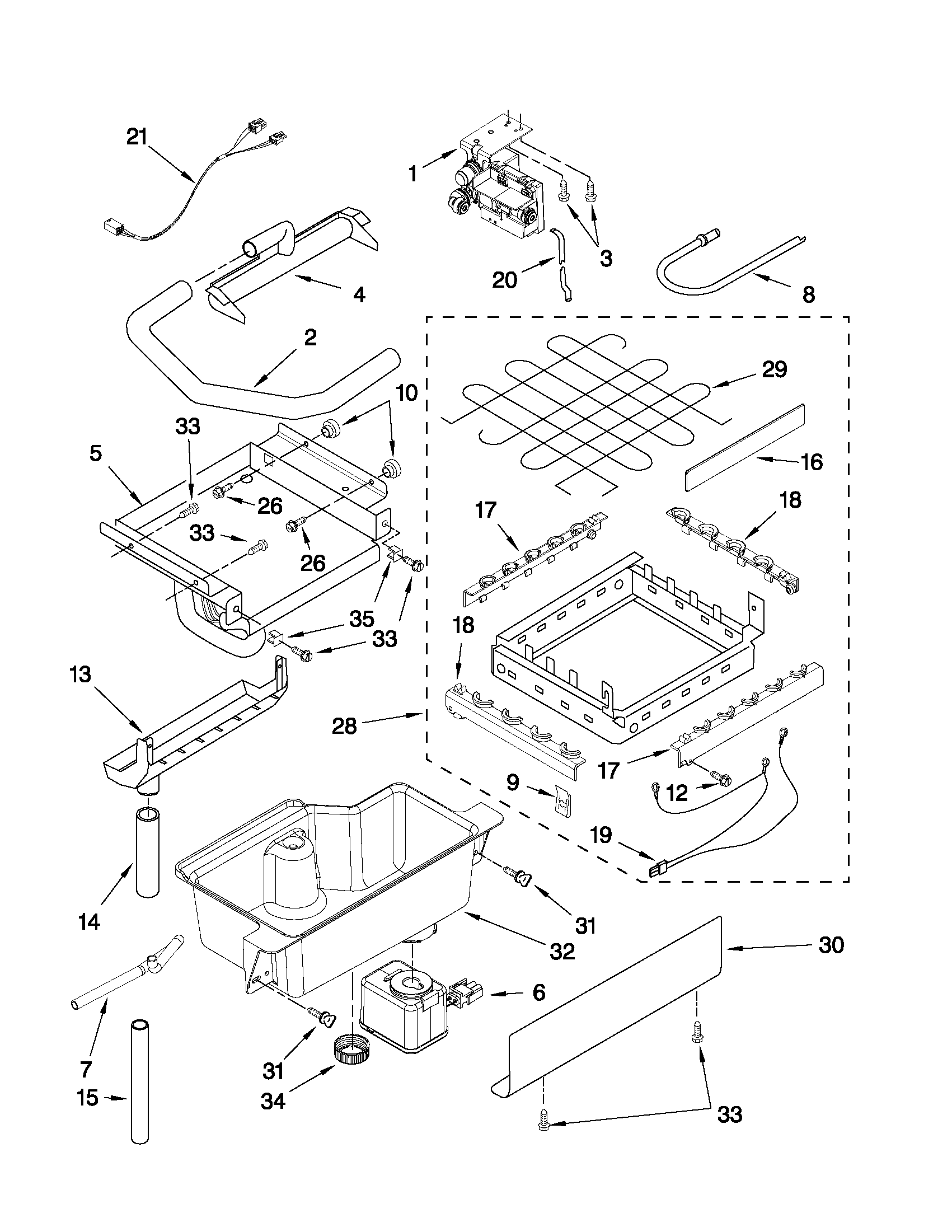 Evaporator, ice cutter grid and water parts