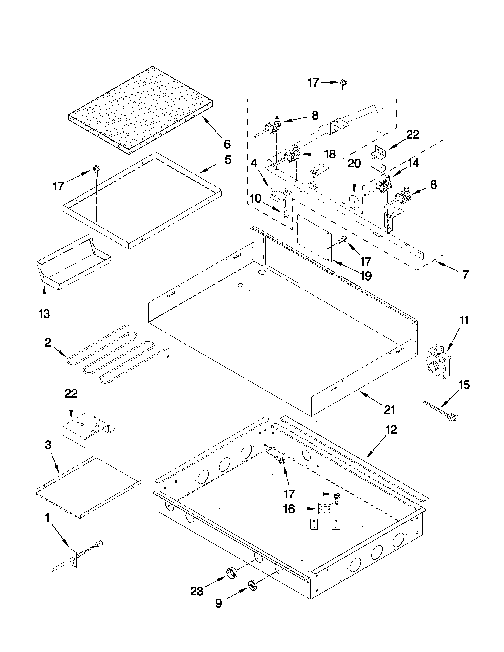 Burner box, gas valves, and switches