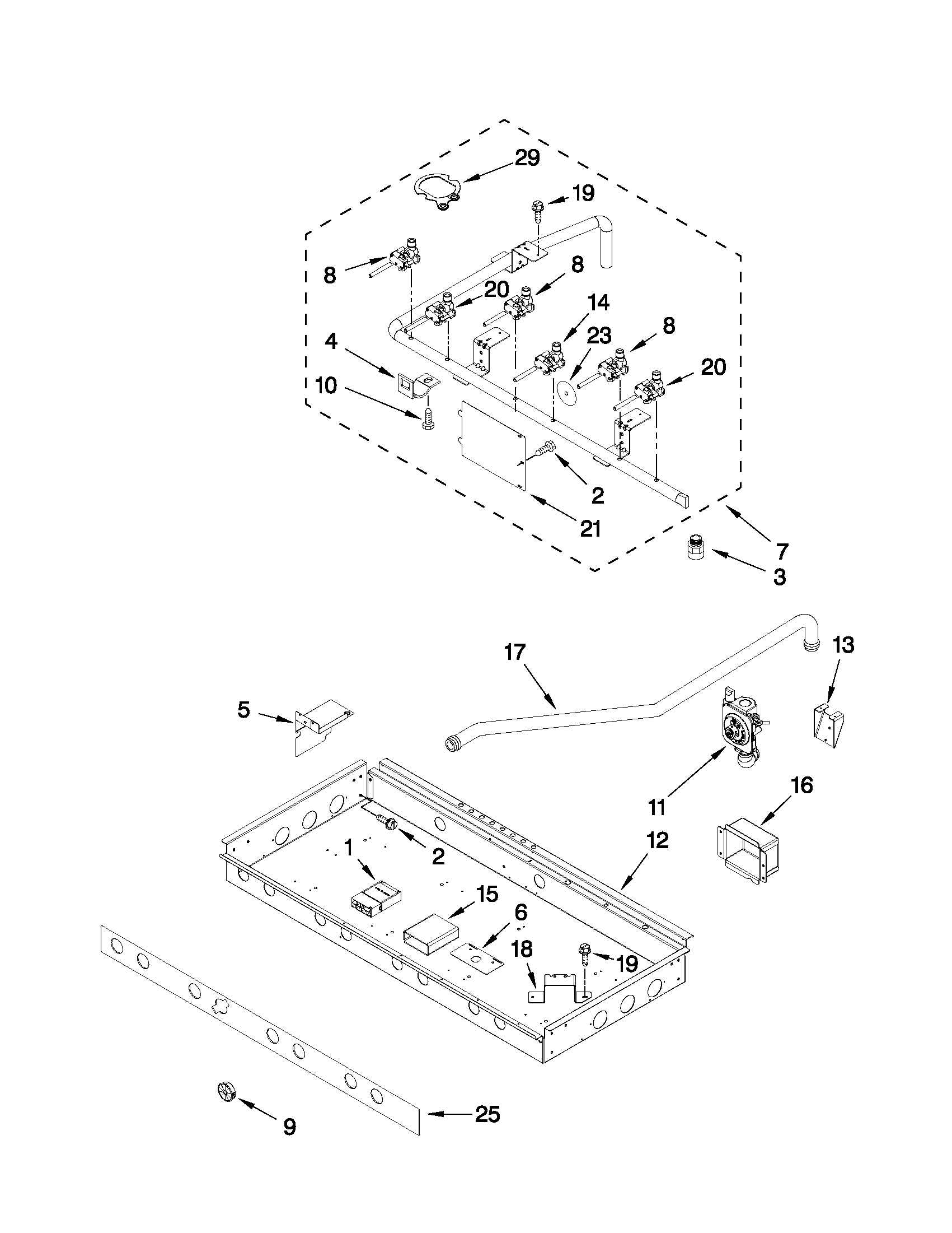 BURNER BOX, GAS VALVES, AND SWITCHES