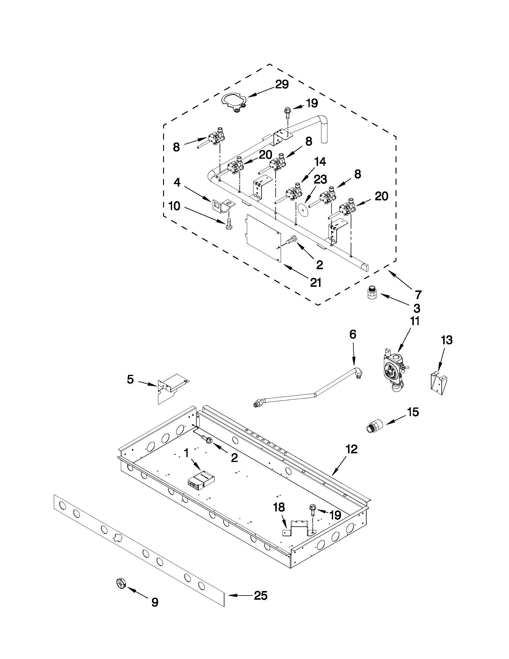 BURNER BOX, GAS VALVES, AND SWITCHES