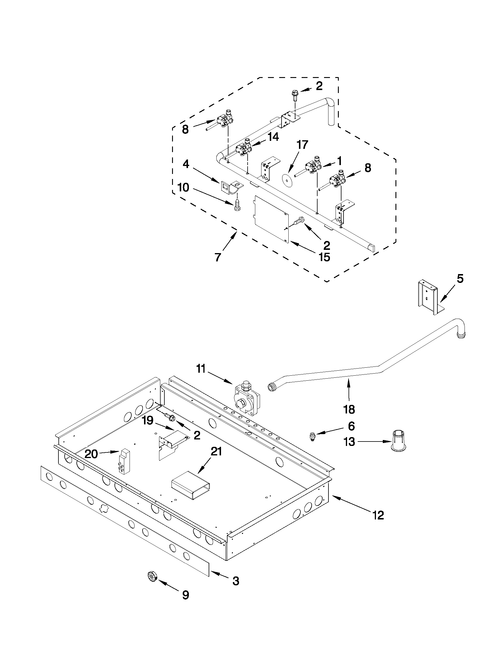 Burner box, gas valves, and switches