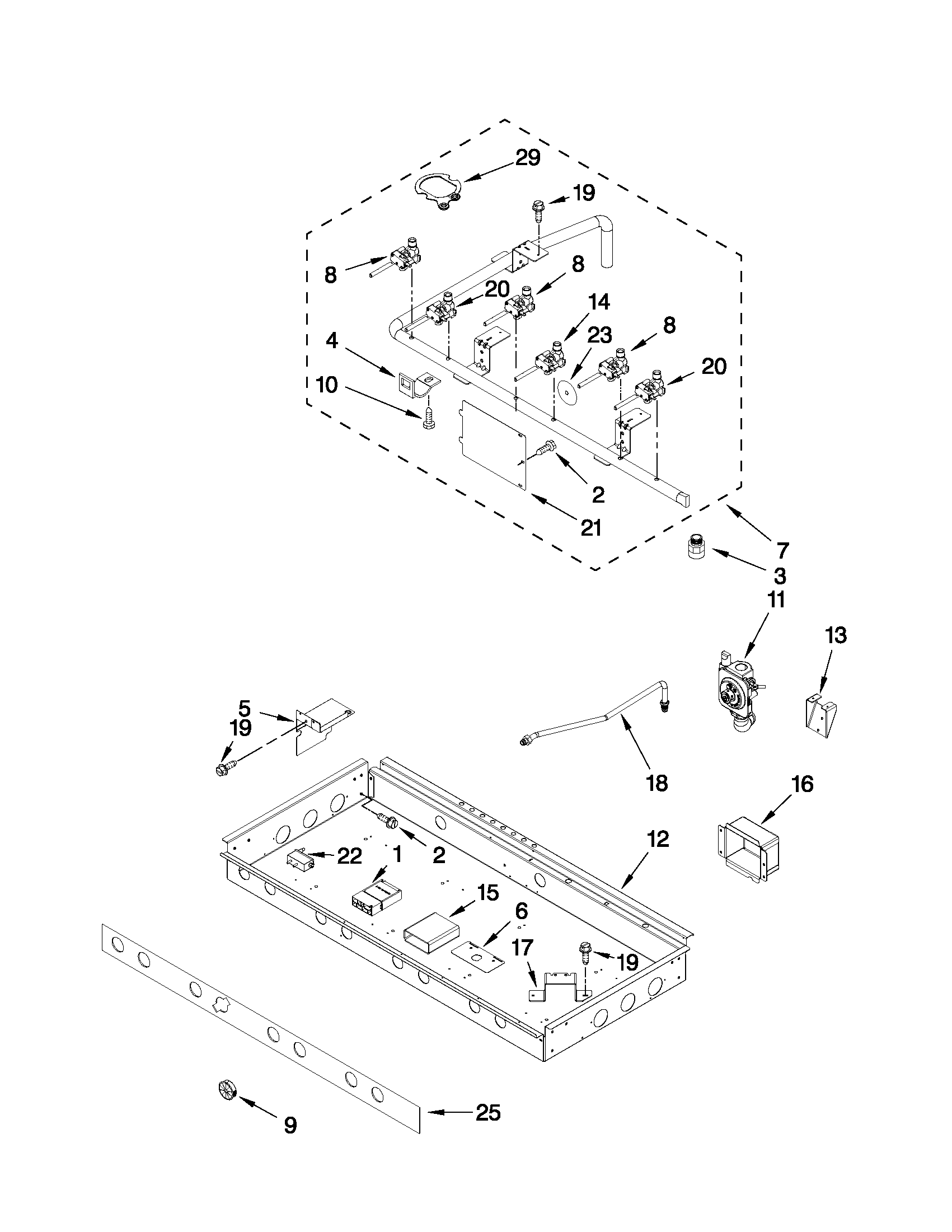 BURNER BOX, GAS VALVES, AND SWITCHES