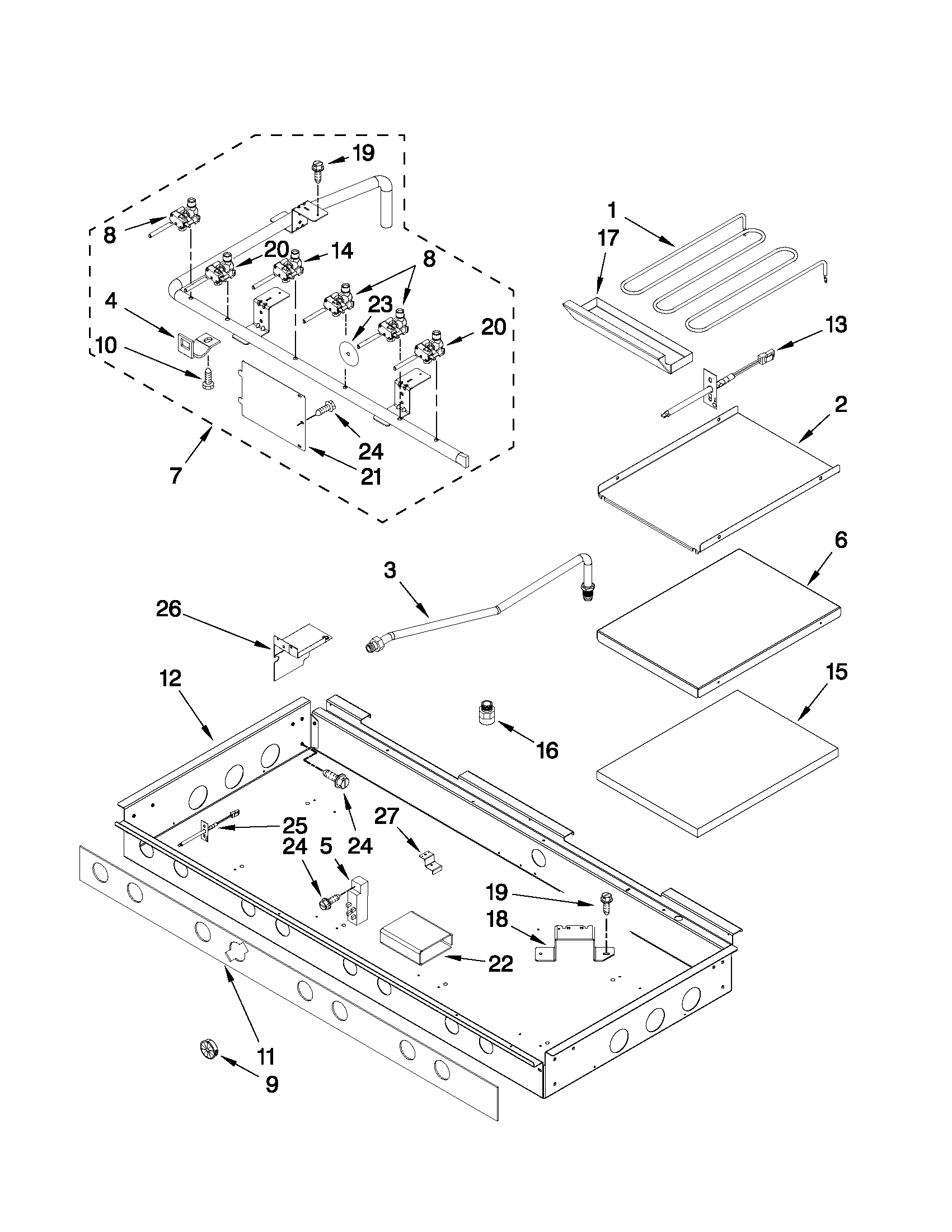 Burner box, gas valves, and switches
