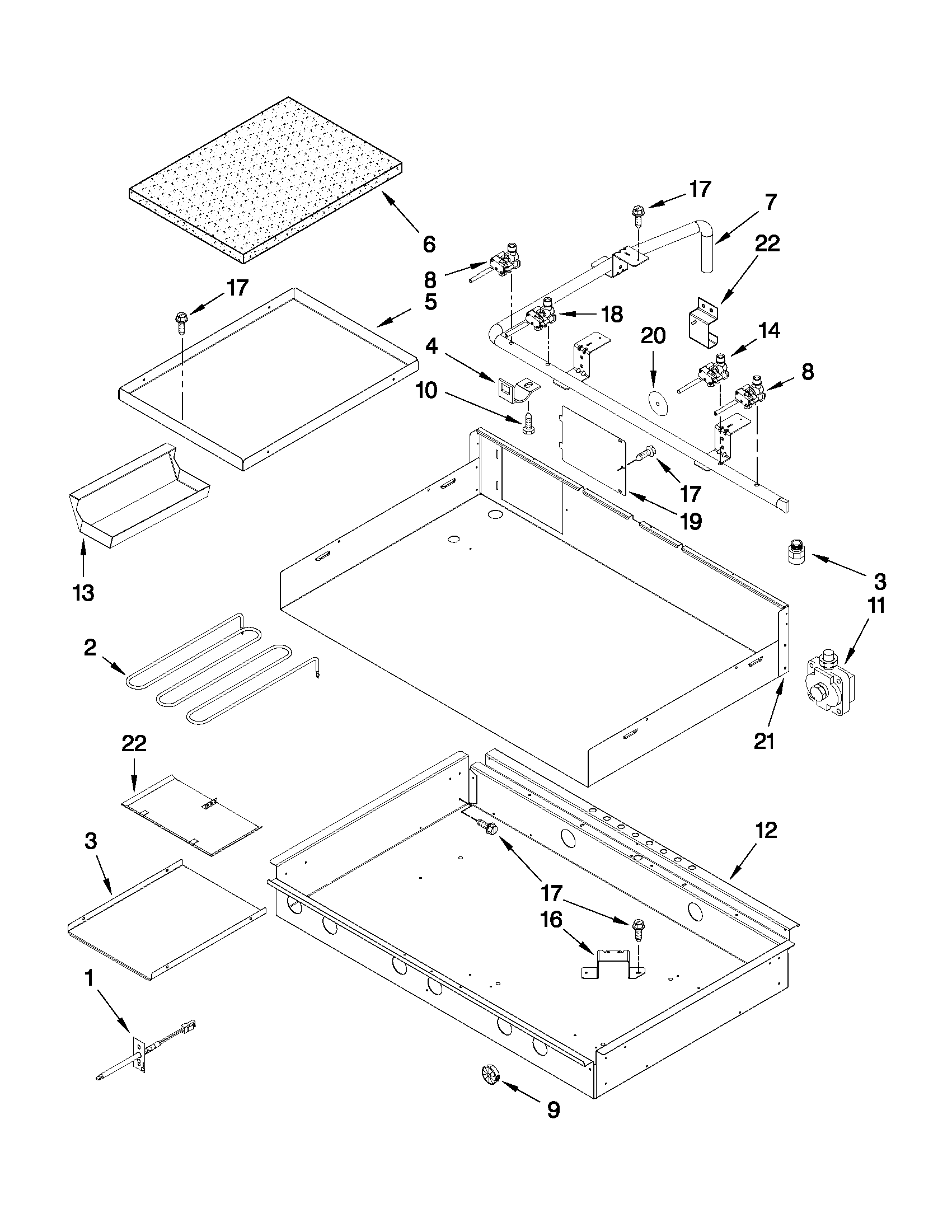 Burner box, gas valves, and switches
