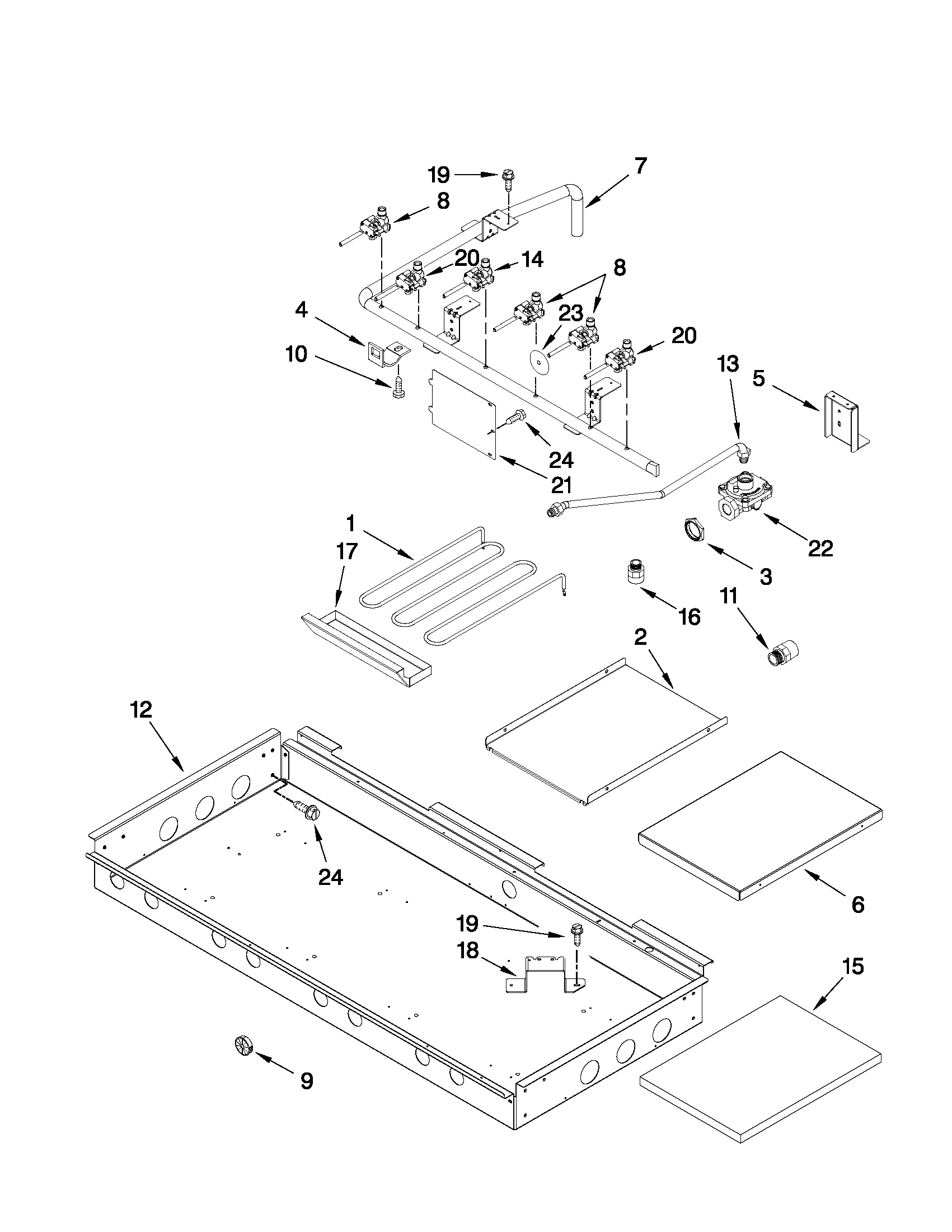 BURNER BOX, GAS VALVES, AND SWITCHES