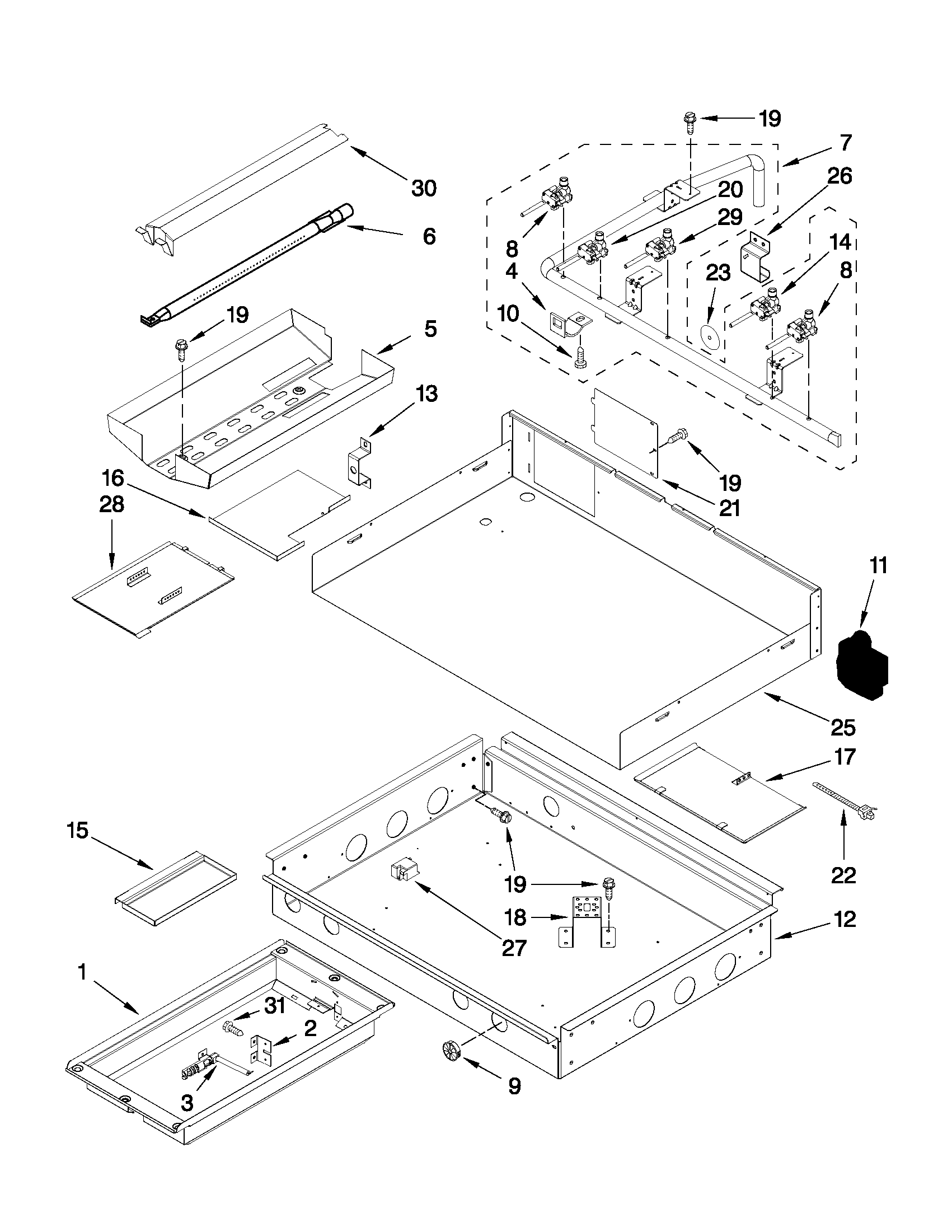 Burner box, gas valves, and switches