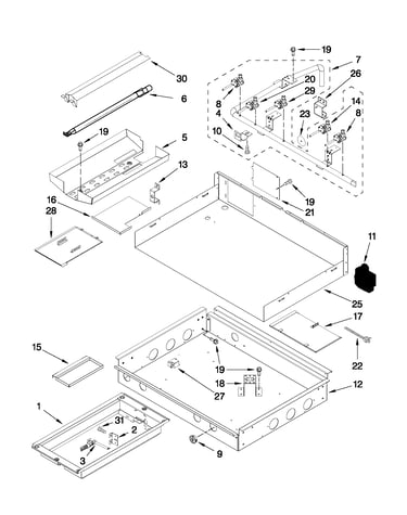 Burner box, gas valves, and switches