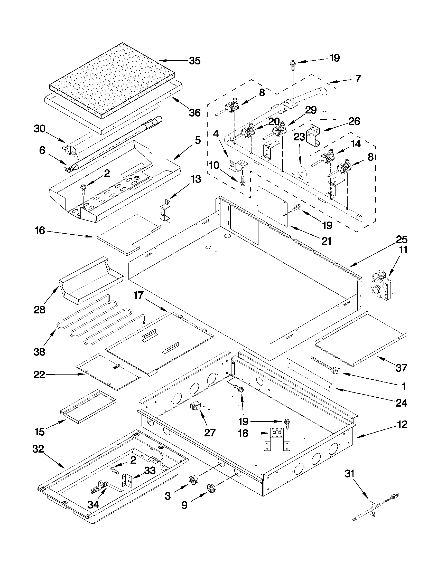Burner box, gas valves, and switches