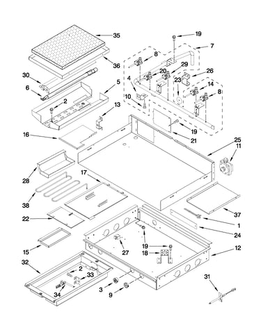 Burner box, gas valves, and switches