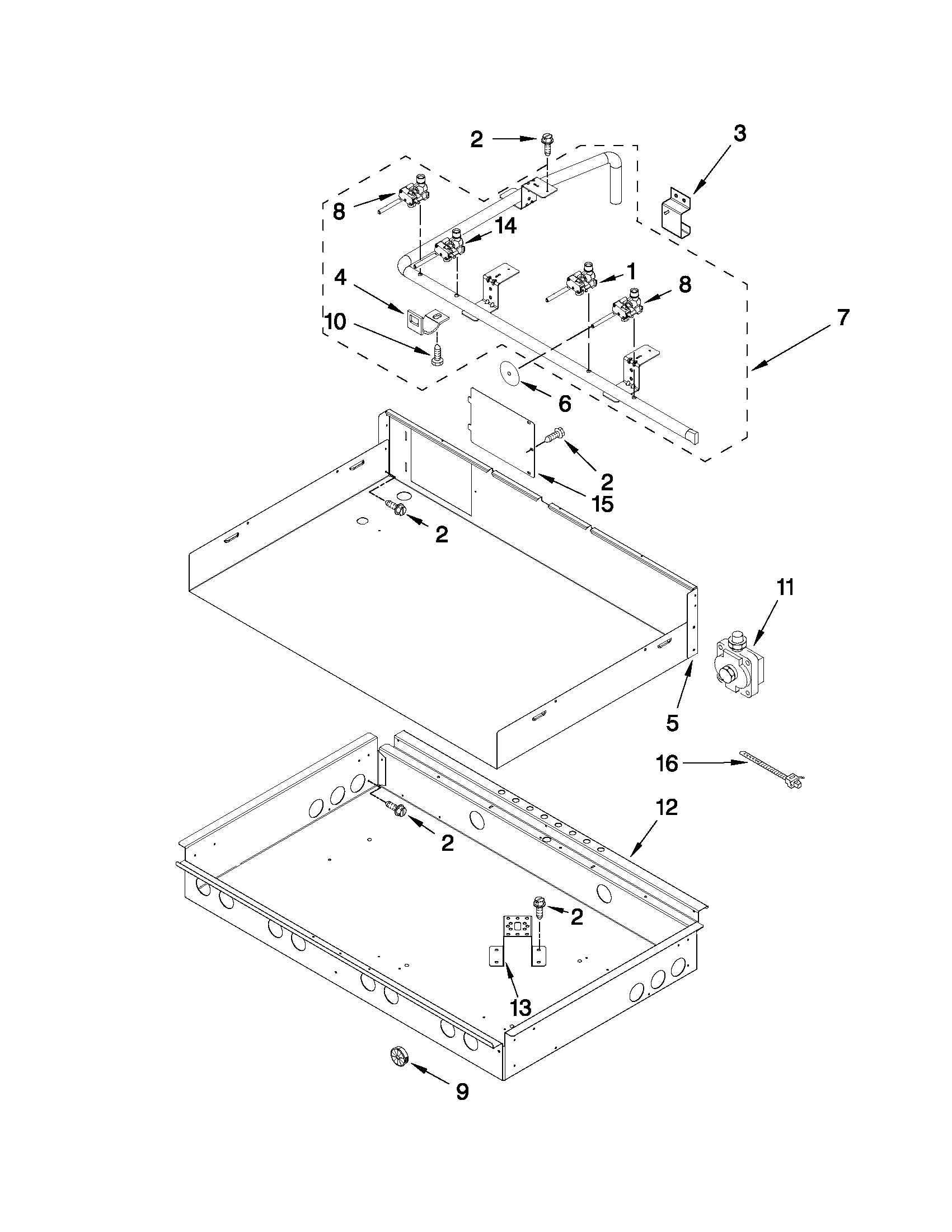 Burner box, gas valves, and switches