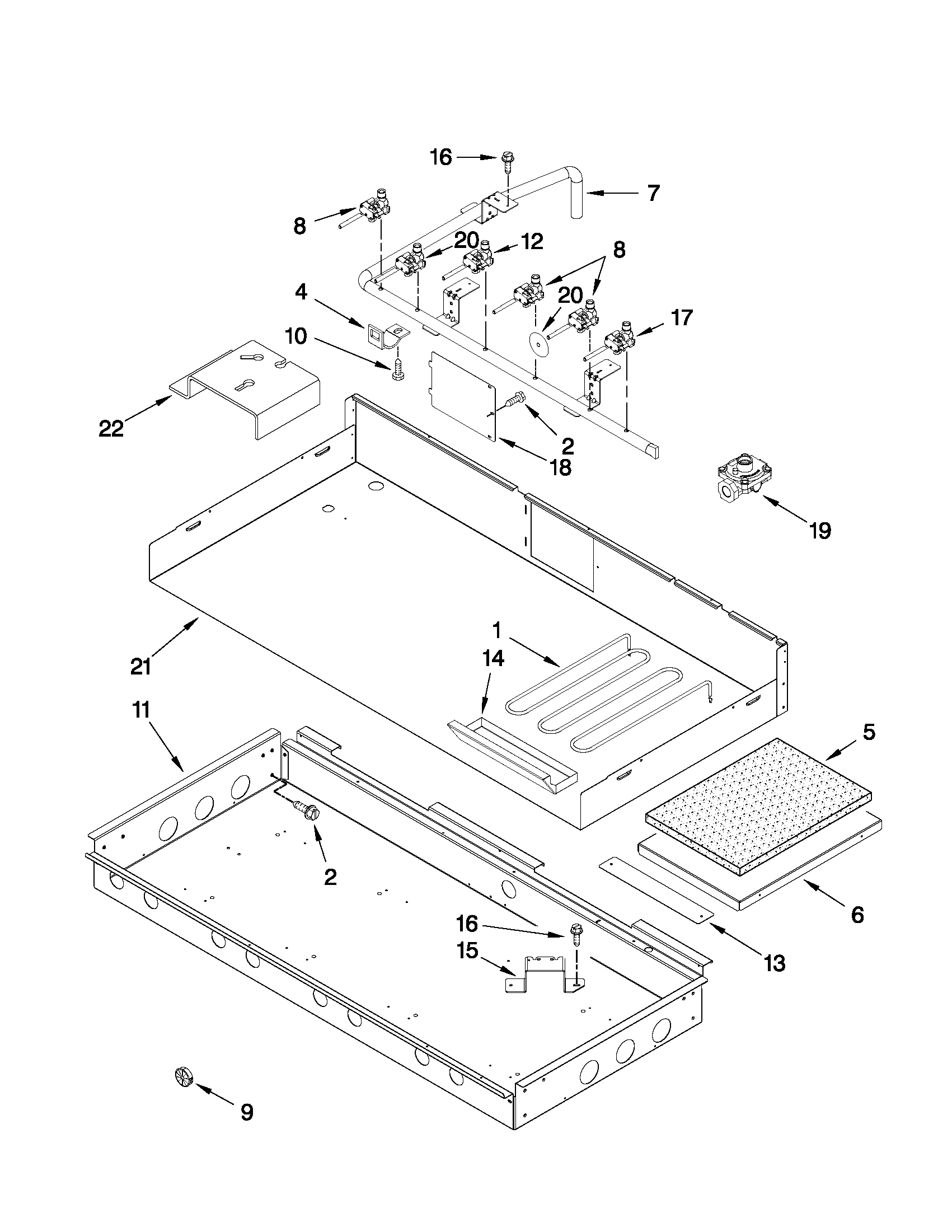Burner box, gas valves, and switches