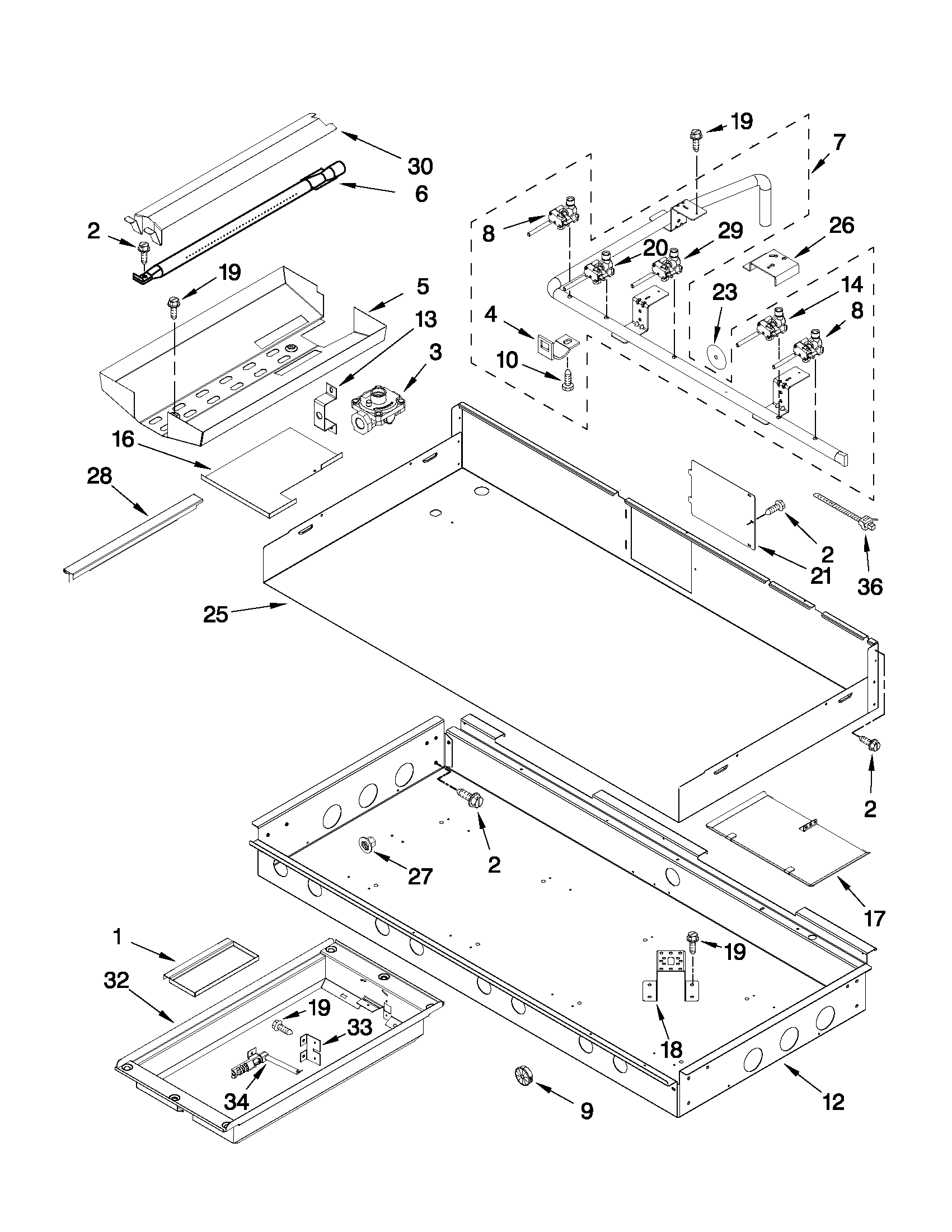 Burner box, gas valves, and switches