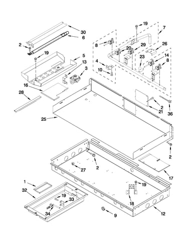 Burner box, gas valves, and switches