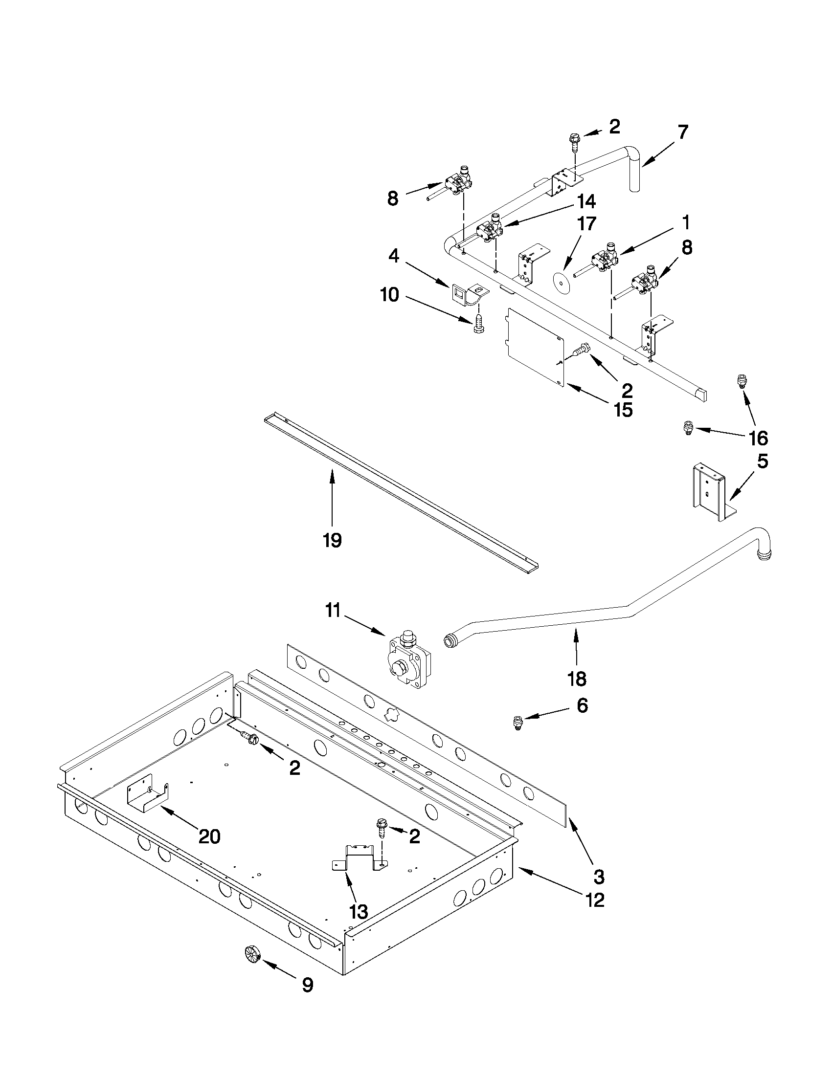 Burner box, gas valves, and switches