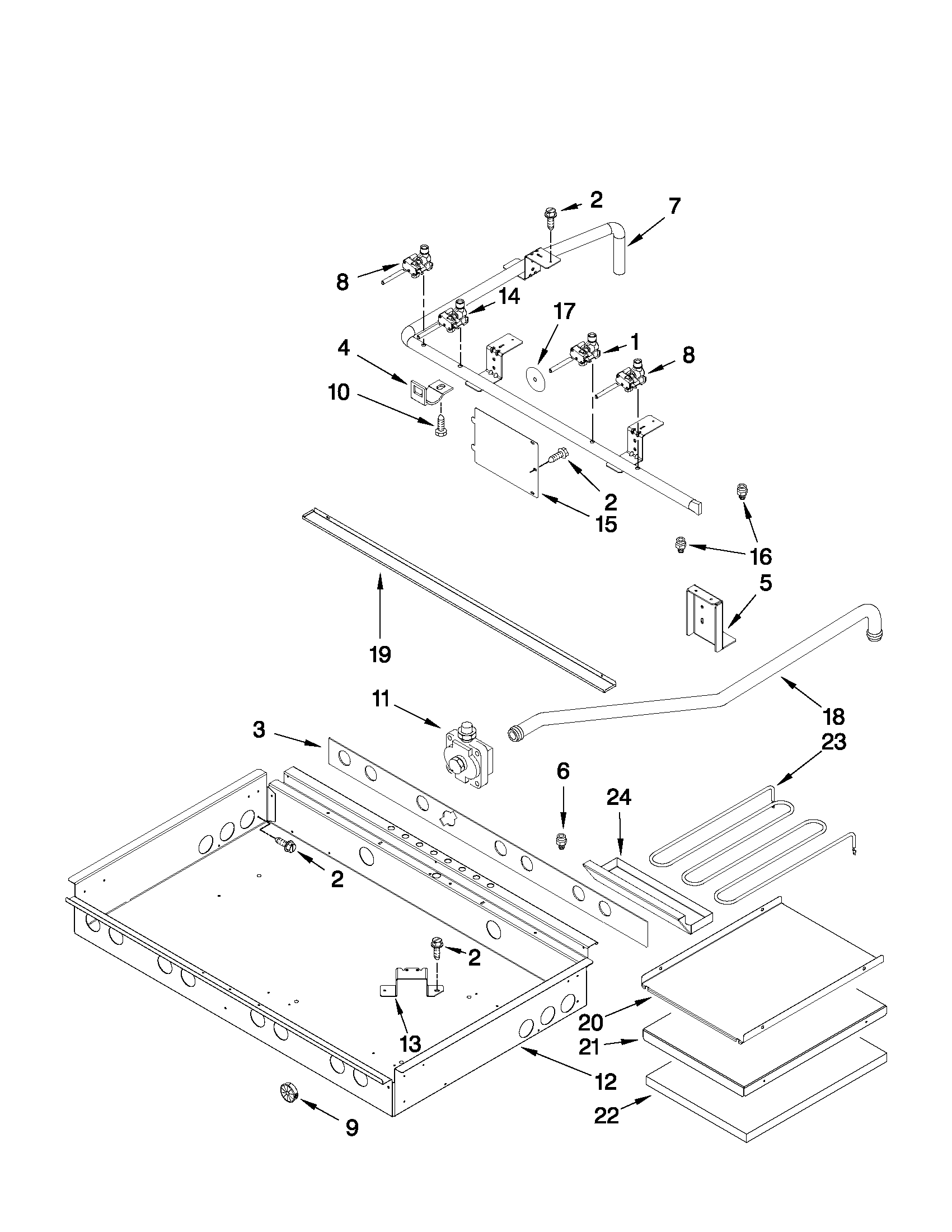 Burner box, gas valves, and switches