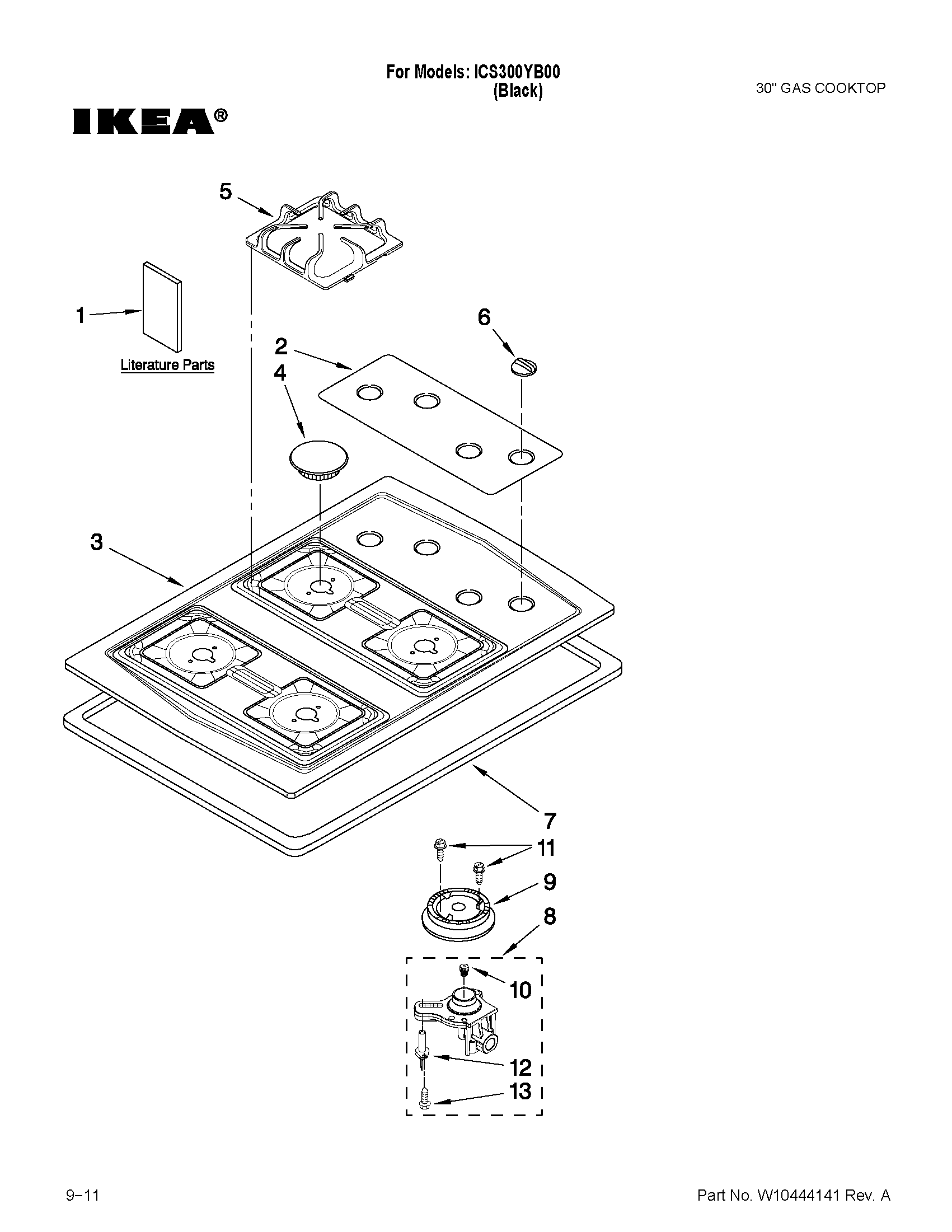 Cooktop, burner and grate parts
