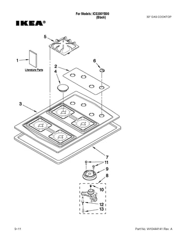 Cooktop, burner and grate parts