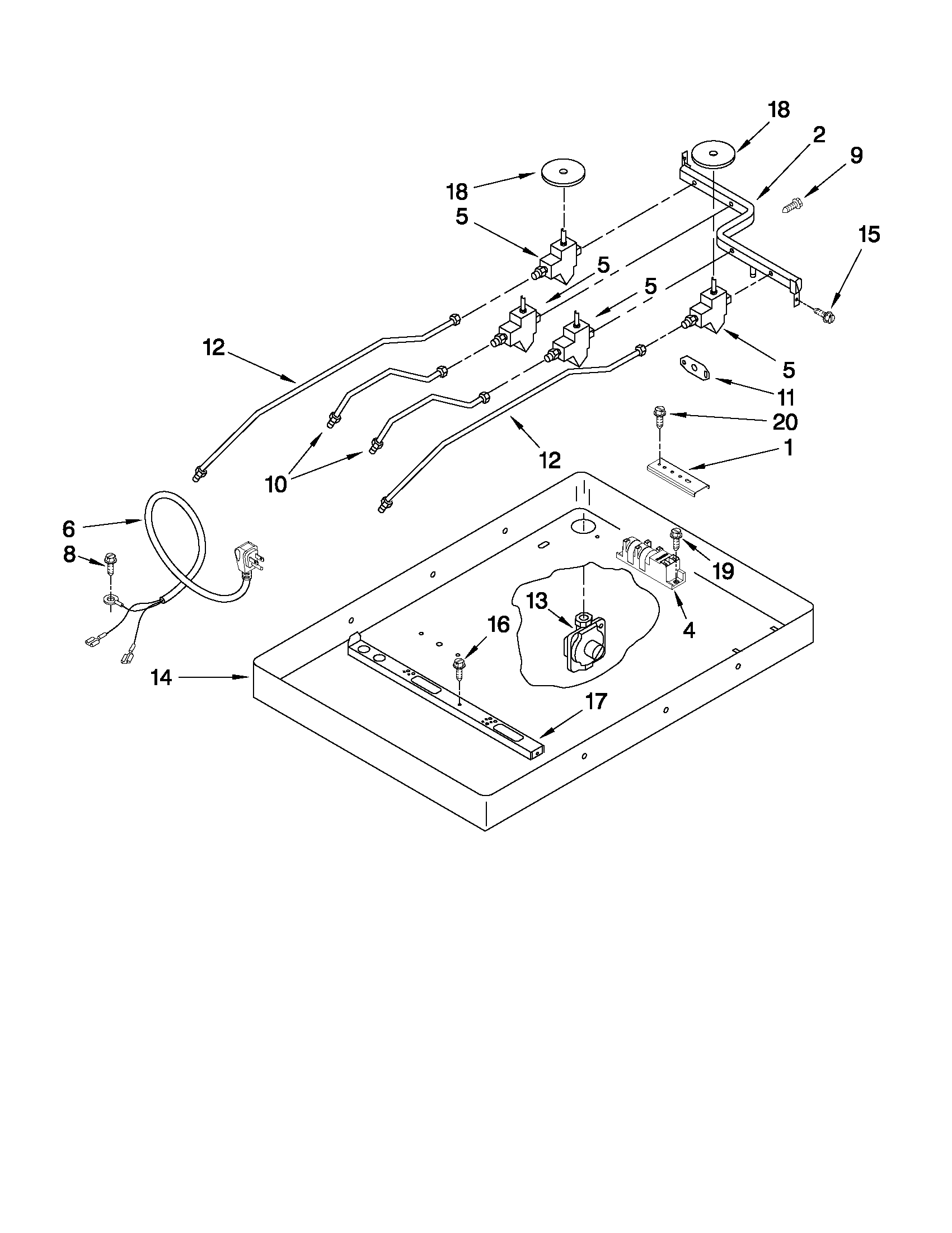 Burner box, gas valves, and switches