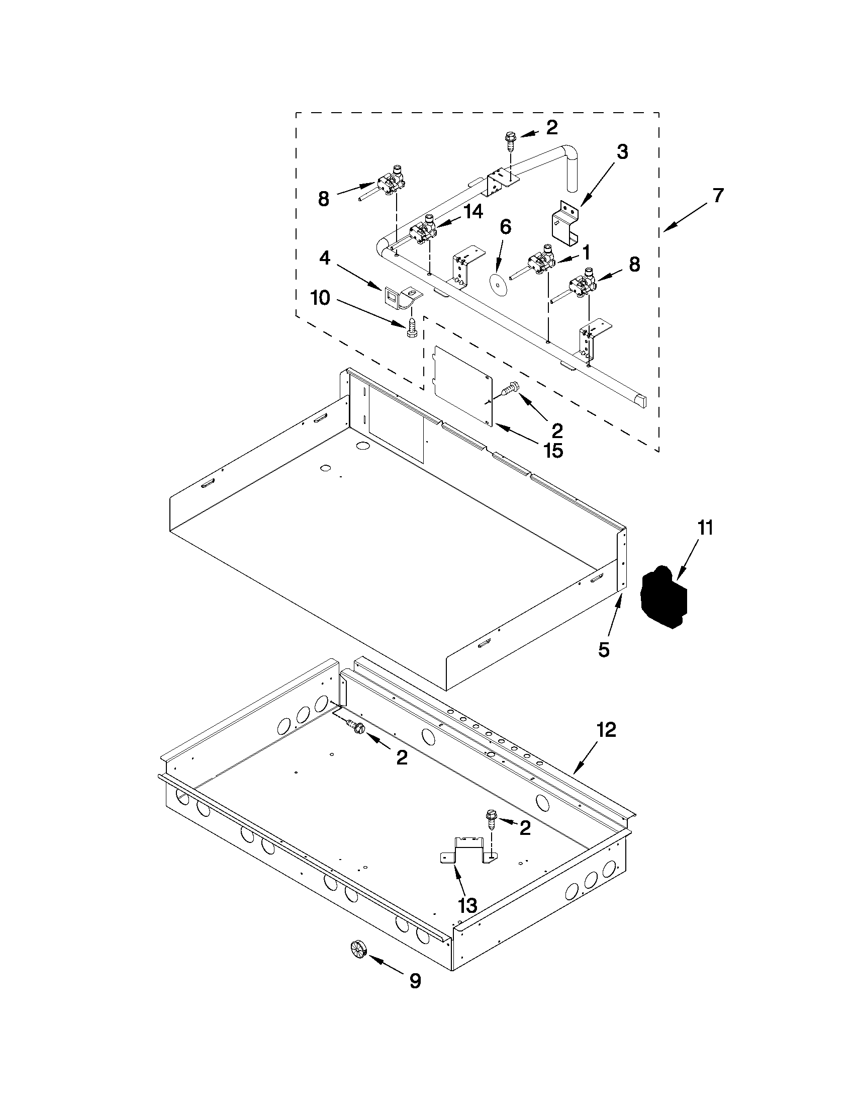 Burner box, gas valves, and switches