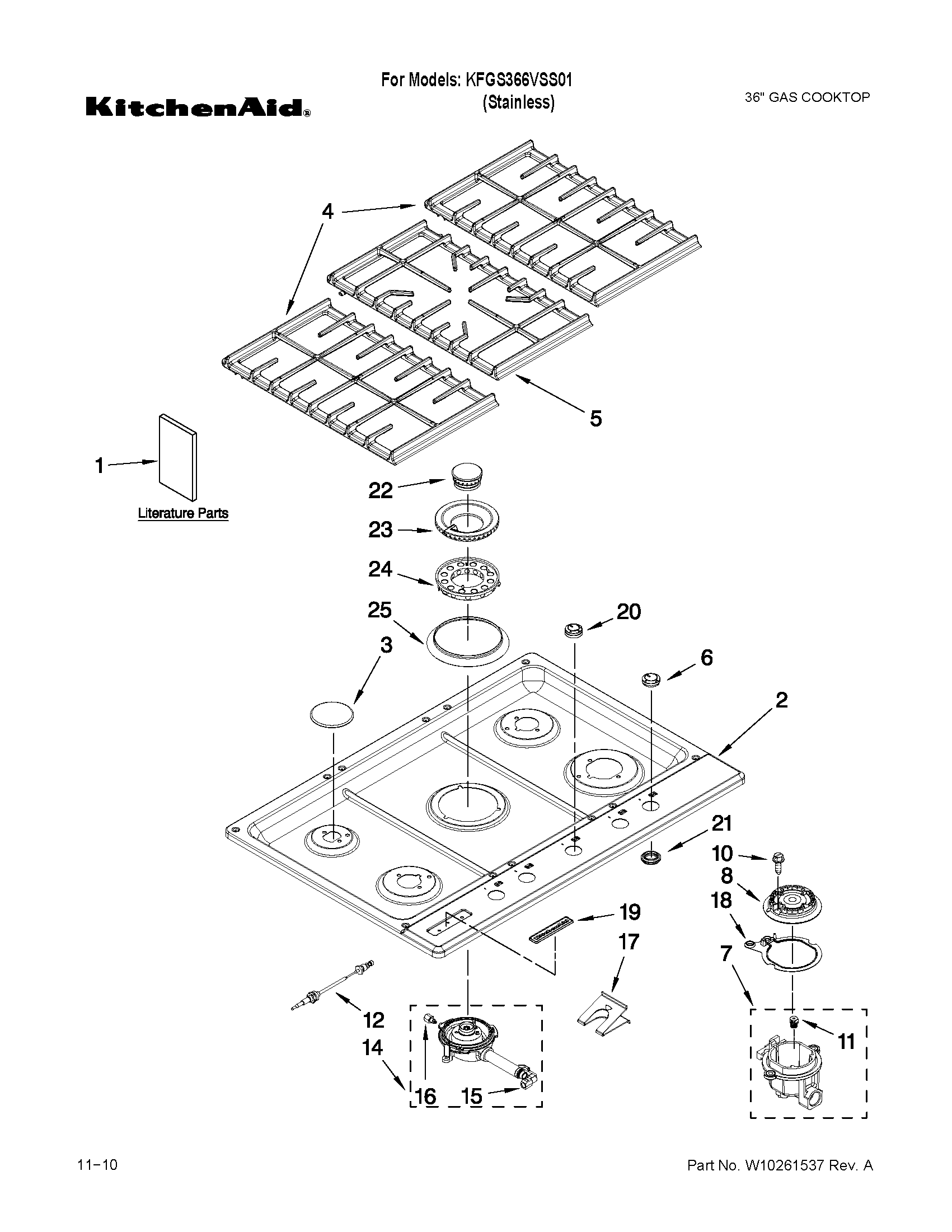 Cooktop, burner and grate parts