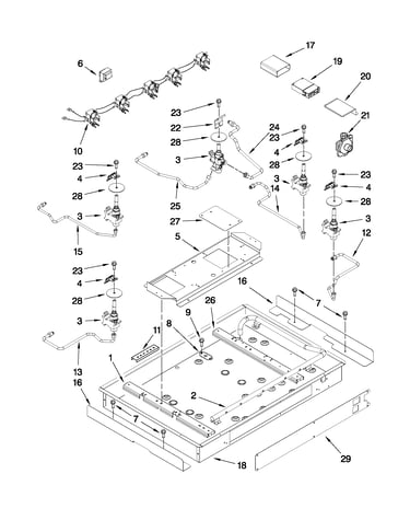Burner box, gas valves, and switches