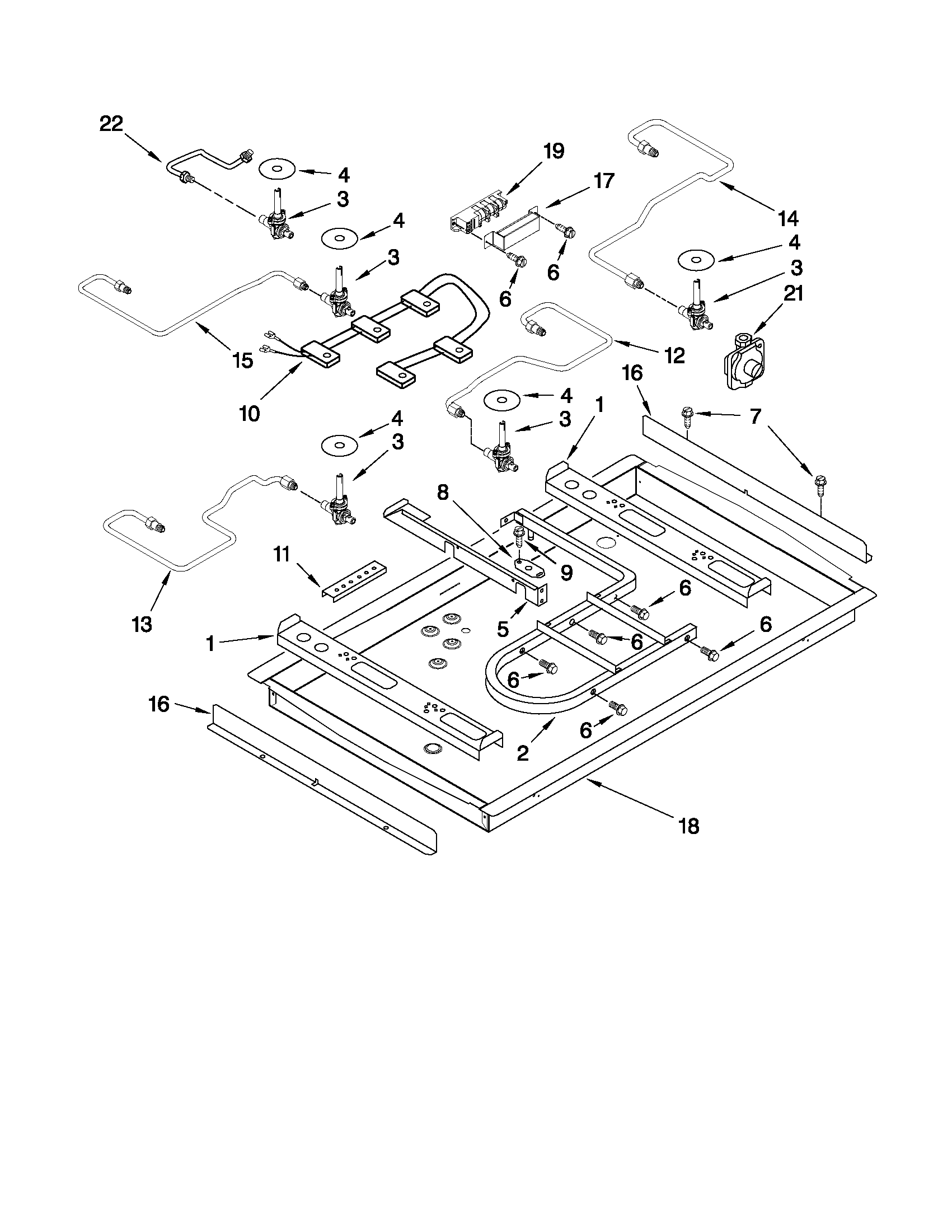 Burner box, gas valves, and switches