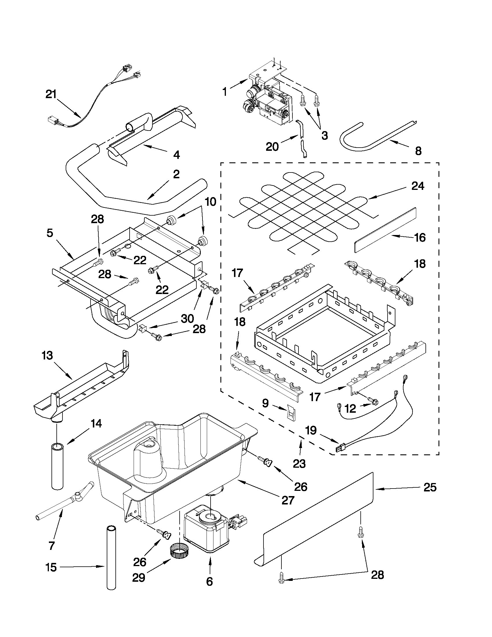 Evaporator, ice cutter grid and water parts
