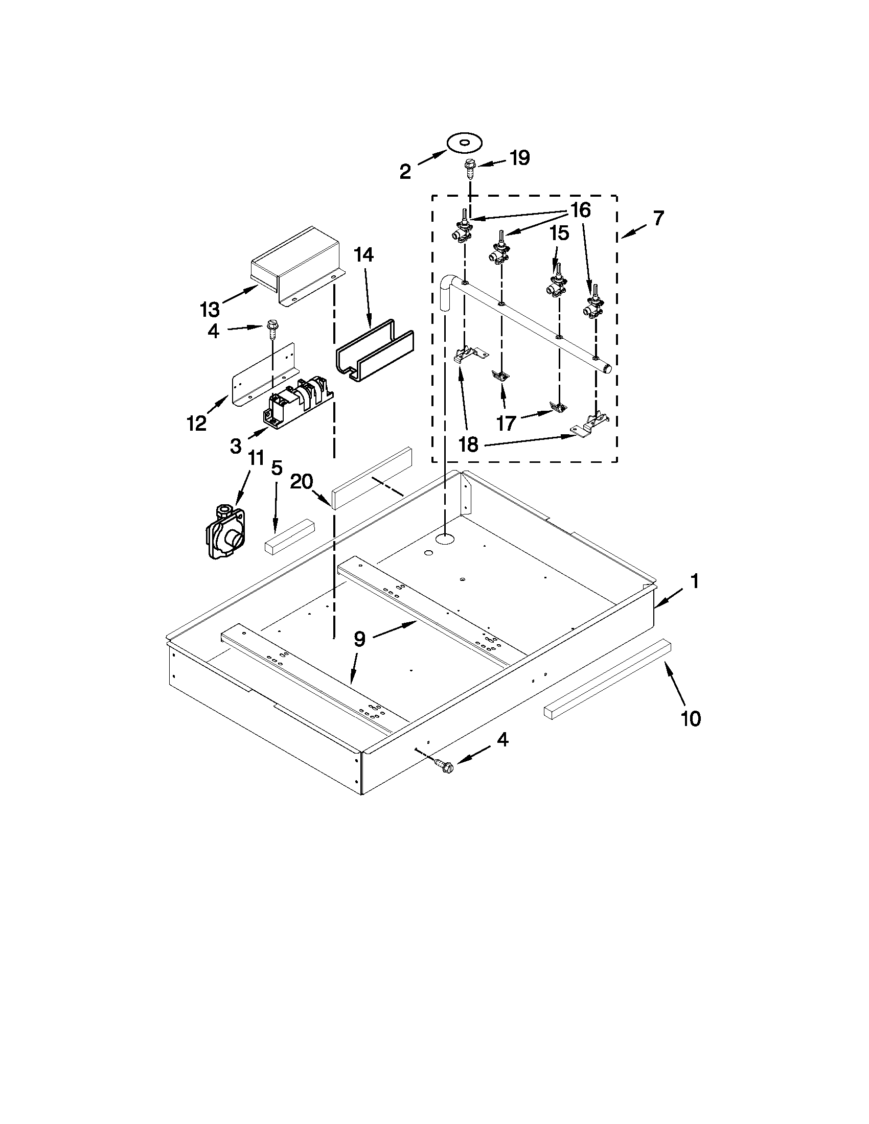 BURNER BOX, GAS VALVES, AND SWITCHES