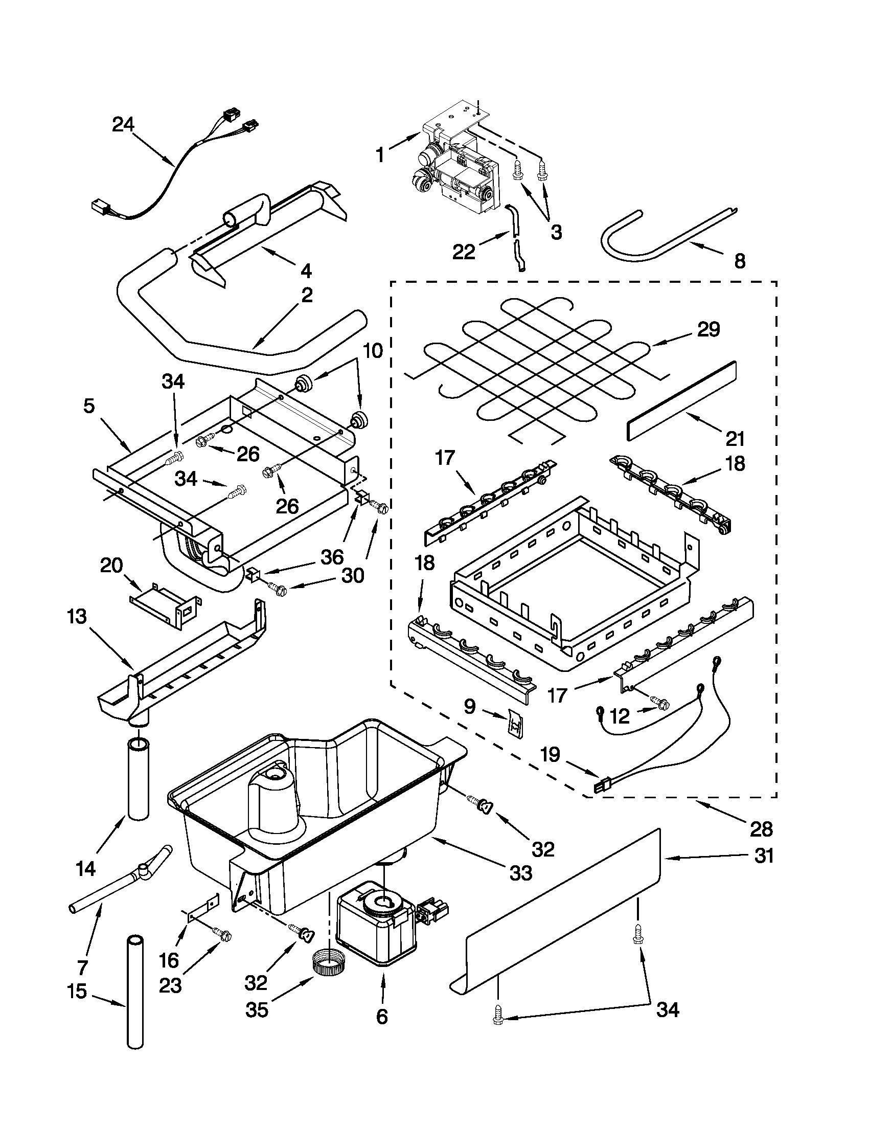 Evaporator, ice cutter grid and water parts